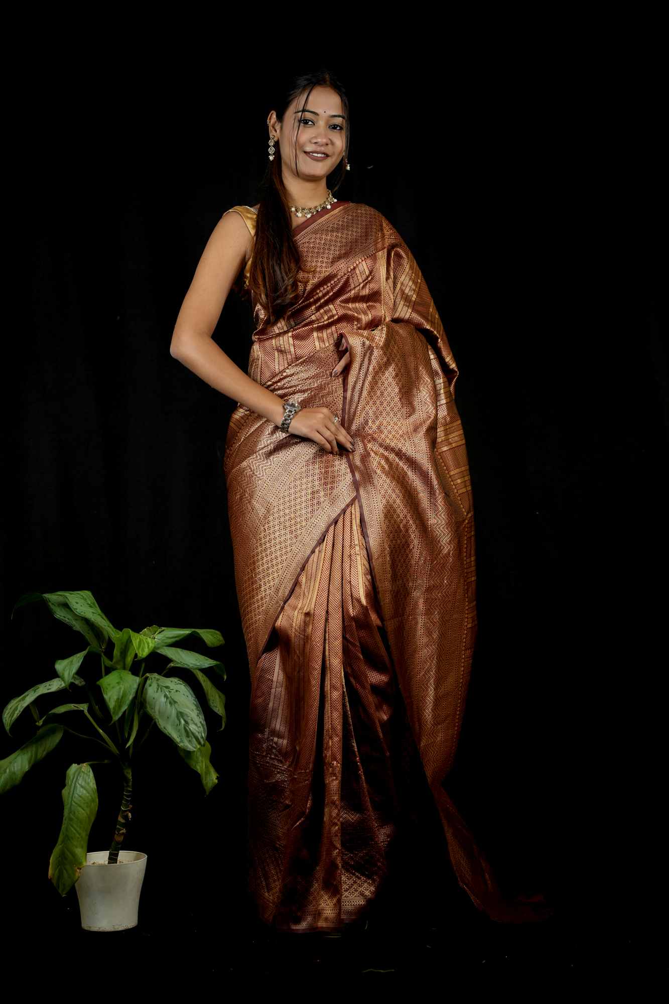 Banarasi Inspired Silk with Golden Zari Weave Ready To Wear Saree - Image 5