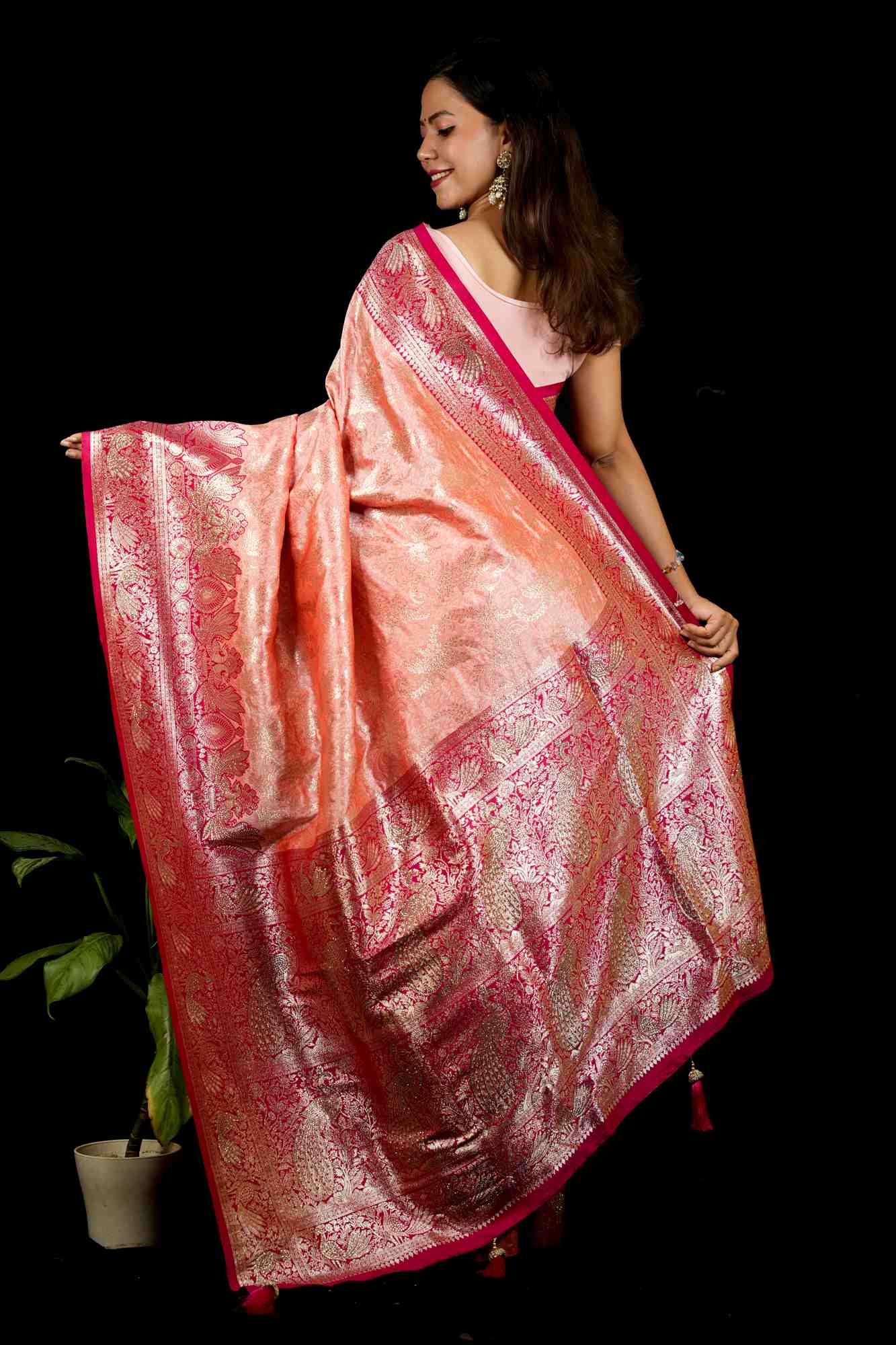 Banarasi with Intricate Peacock Zari Border Ready To Wear Saree - Image 4