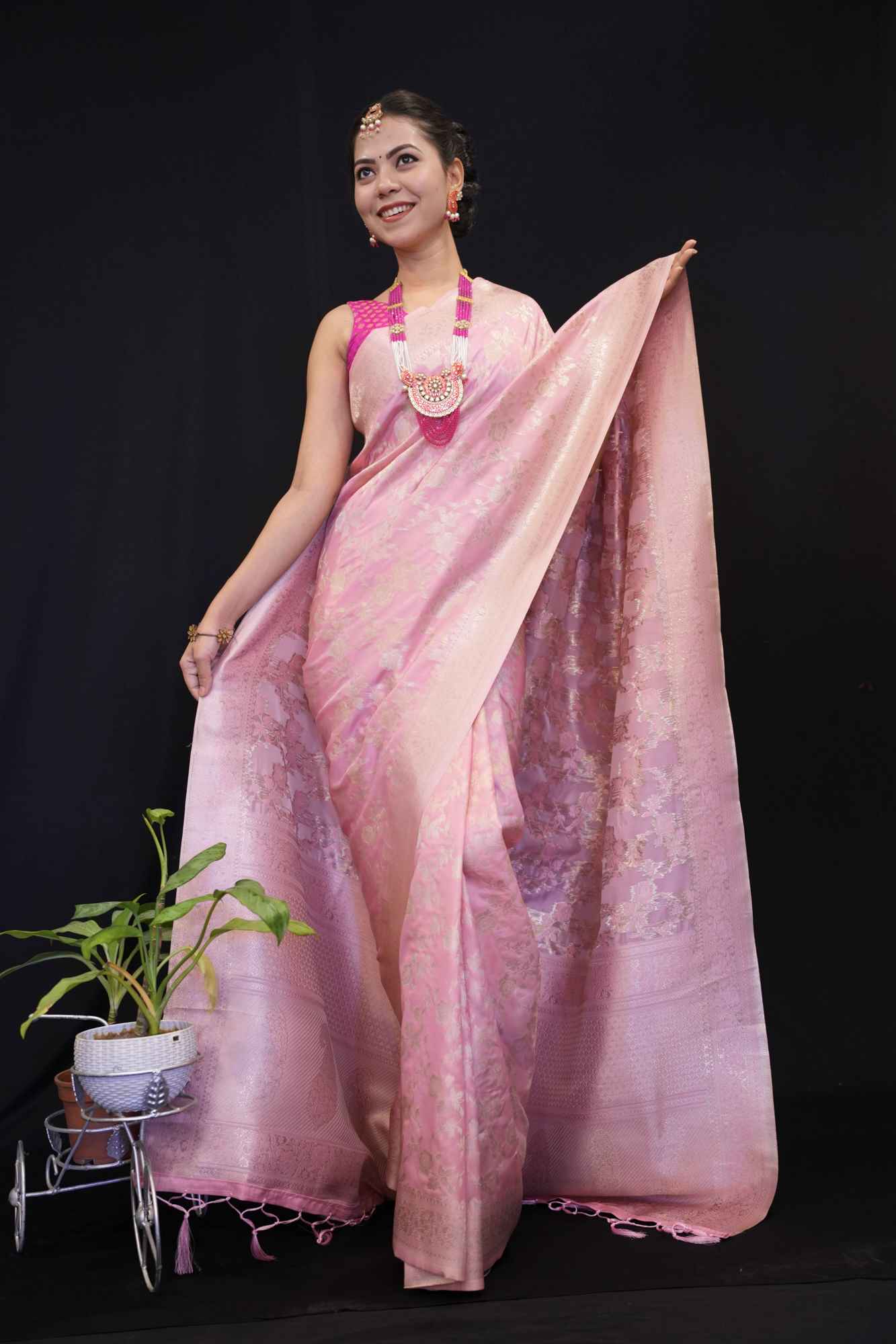 Banarasi Jaal Weaving Light Pink Ready to Wear Wrap In One Minute Saree - Image 3