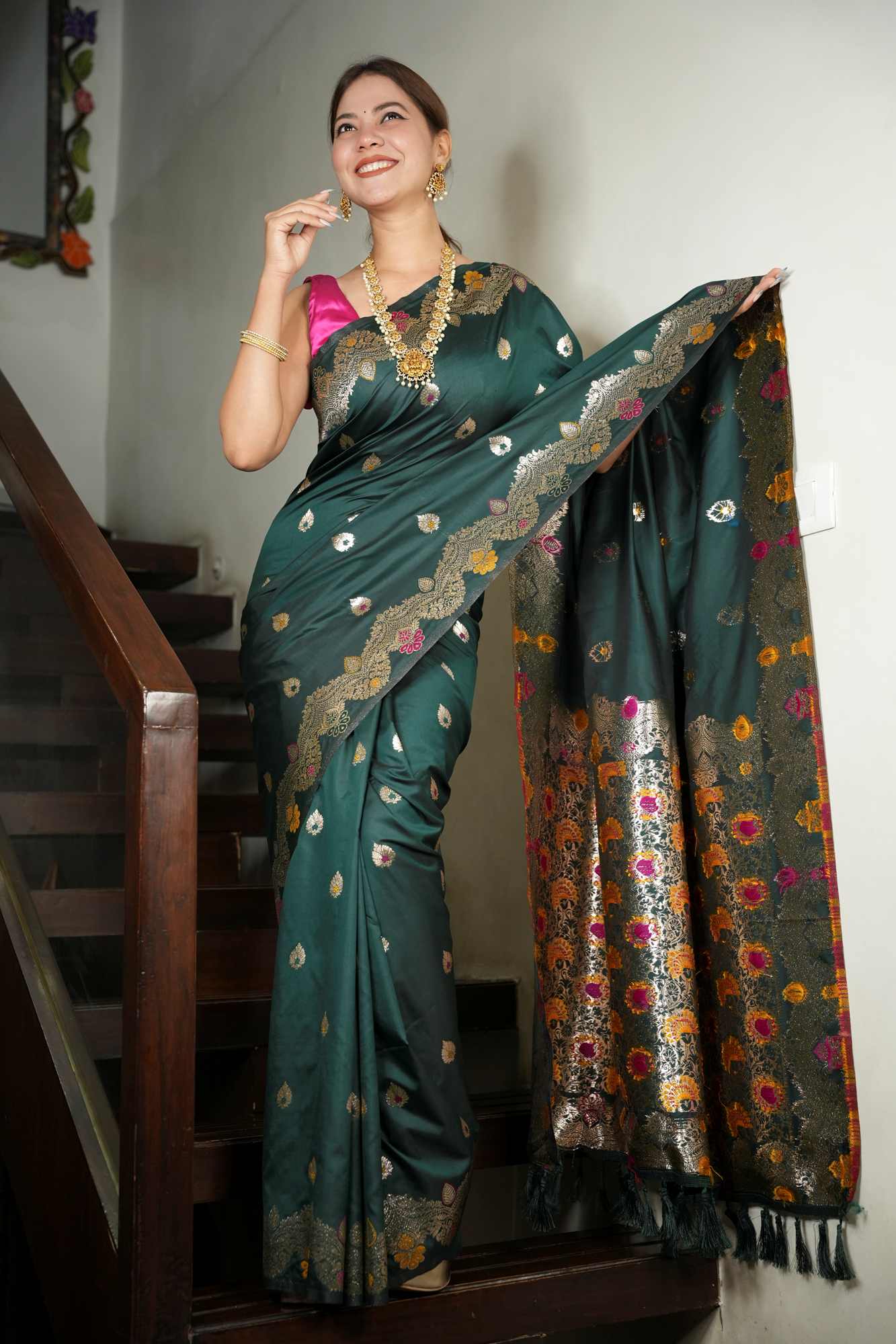 Banarasi Meena All Over Zari Work Border Ready To Wear Saree - Image 2