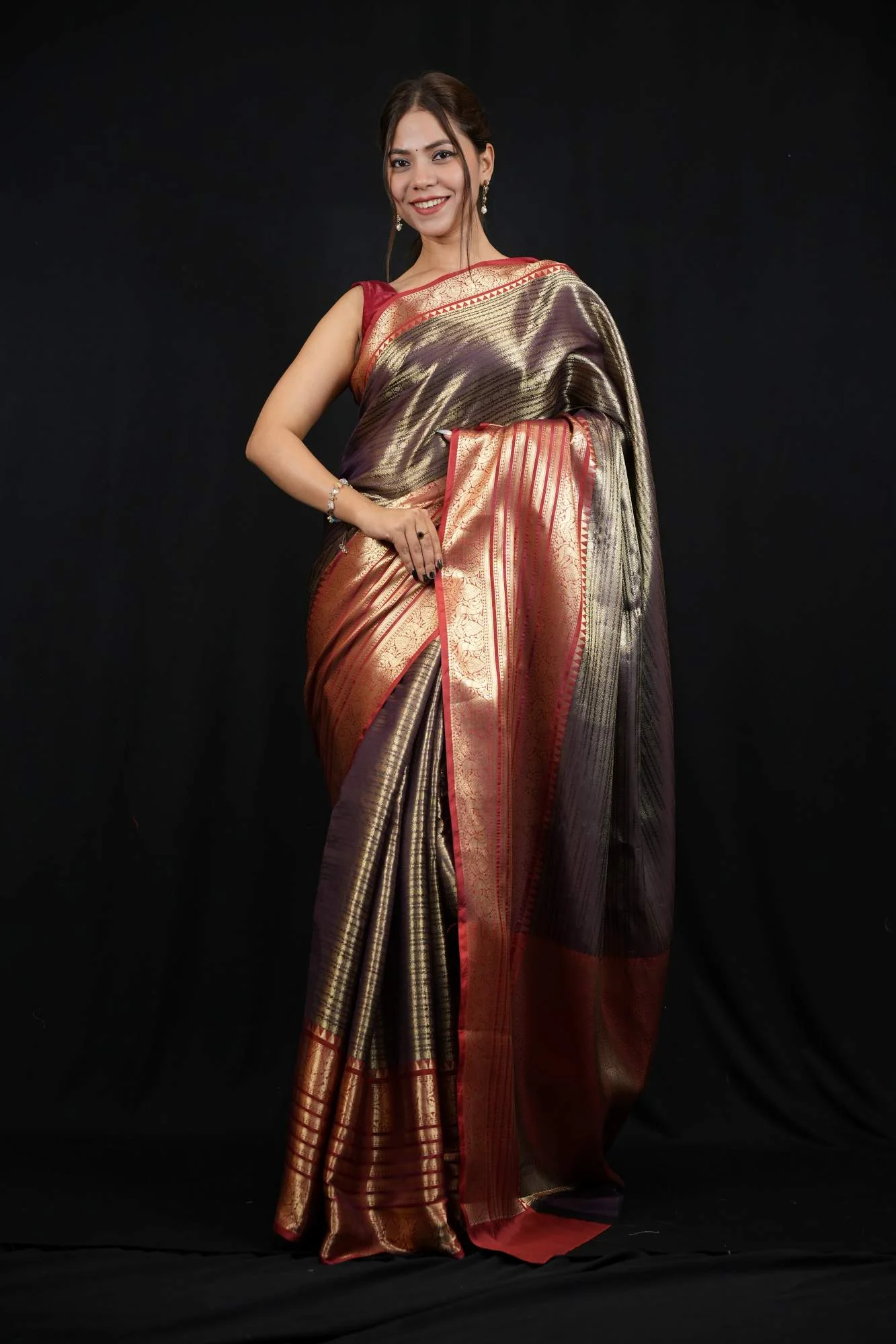 Bollywood Kanjivaram weaving pattern 12-14” inch border prestitched ready to wear saree - Image 3