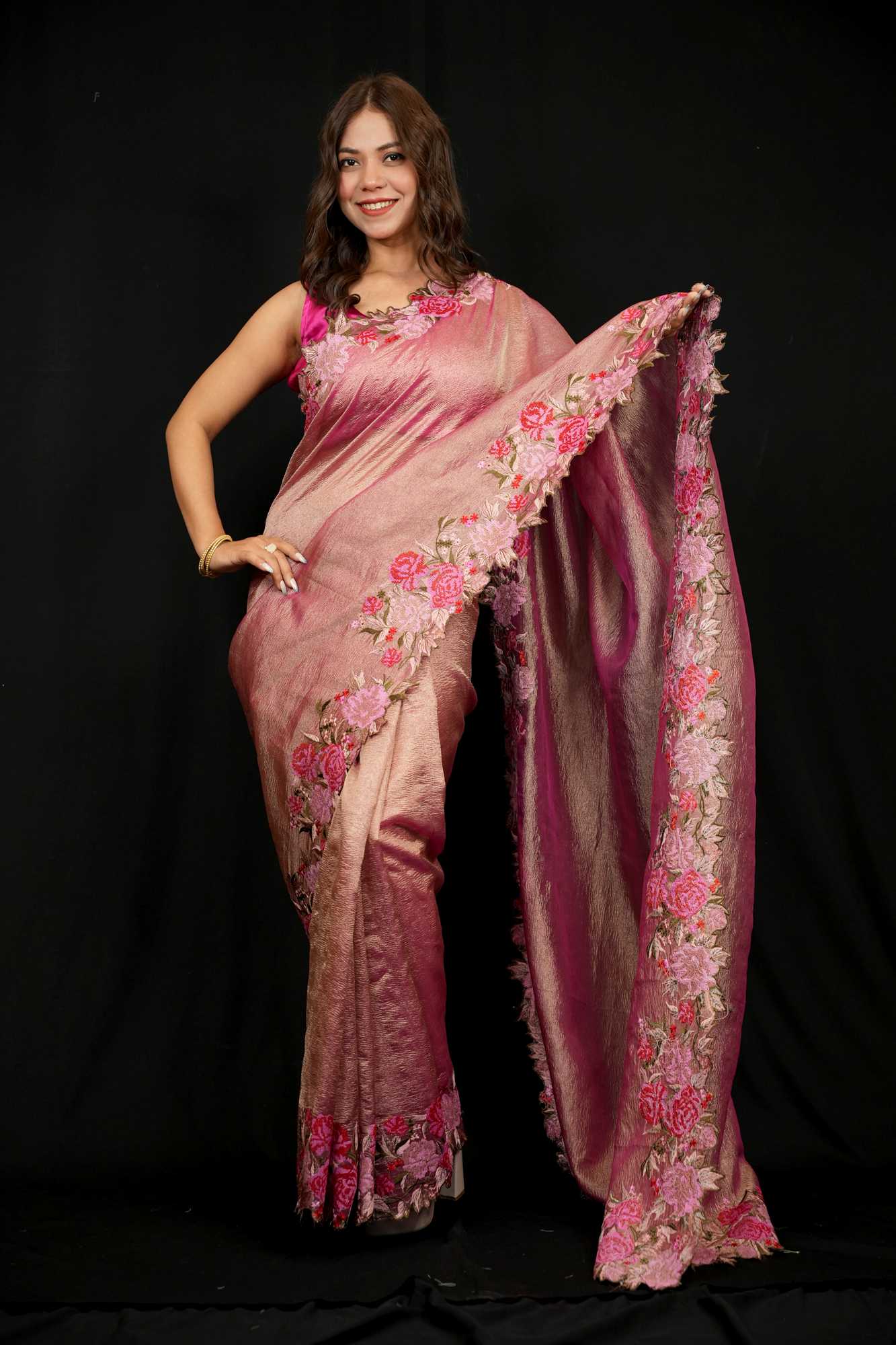 Banarasi crinkle tissue silk Zari Weave Embroidery Border Pallu Ready To Wear Saree - Image 3