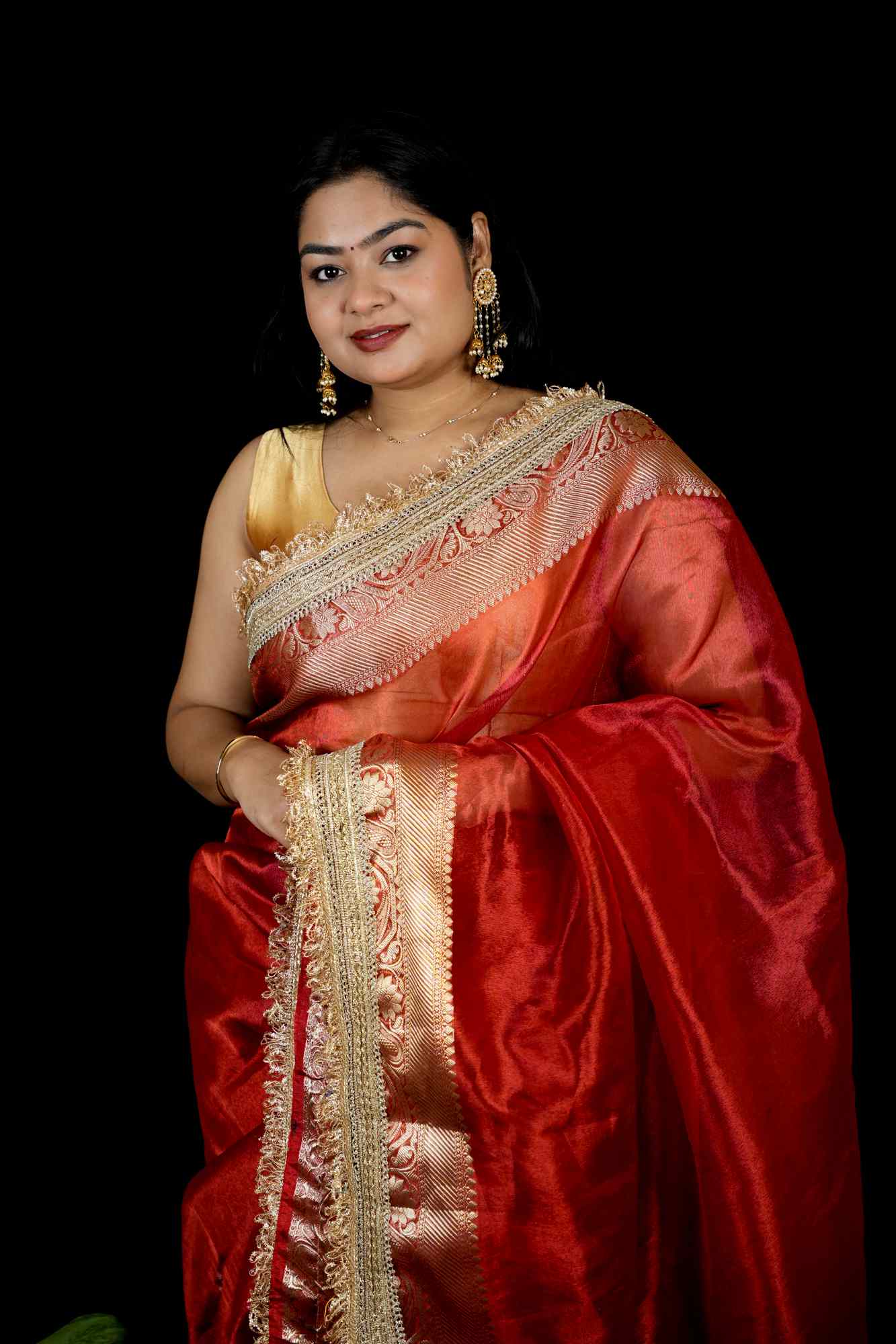 Banarasi-Inspired Tissue Silk with Zari-Embroidered Border Ready To Wear Saree - Image 8