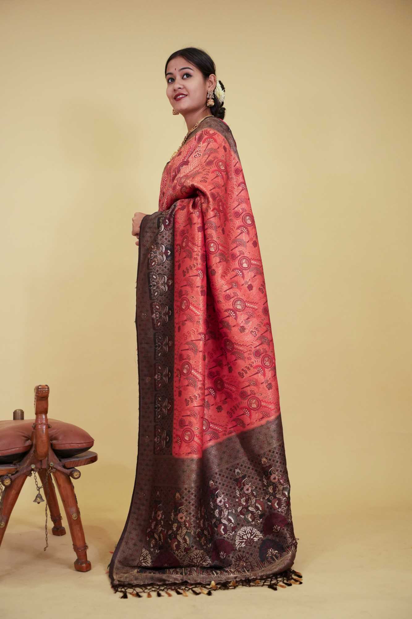 Banarasi With Traditional Zari Multiple Work & Contrast Bordered Overall Stone Embellished Wrap In One Minute Saree - Image 12
