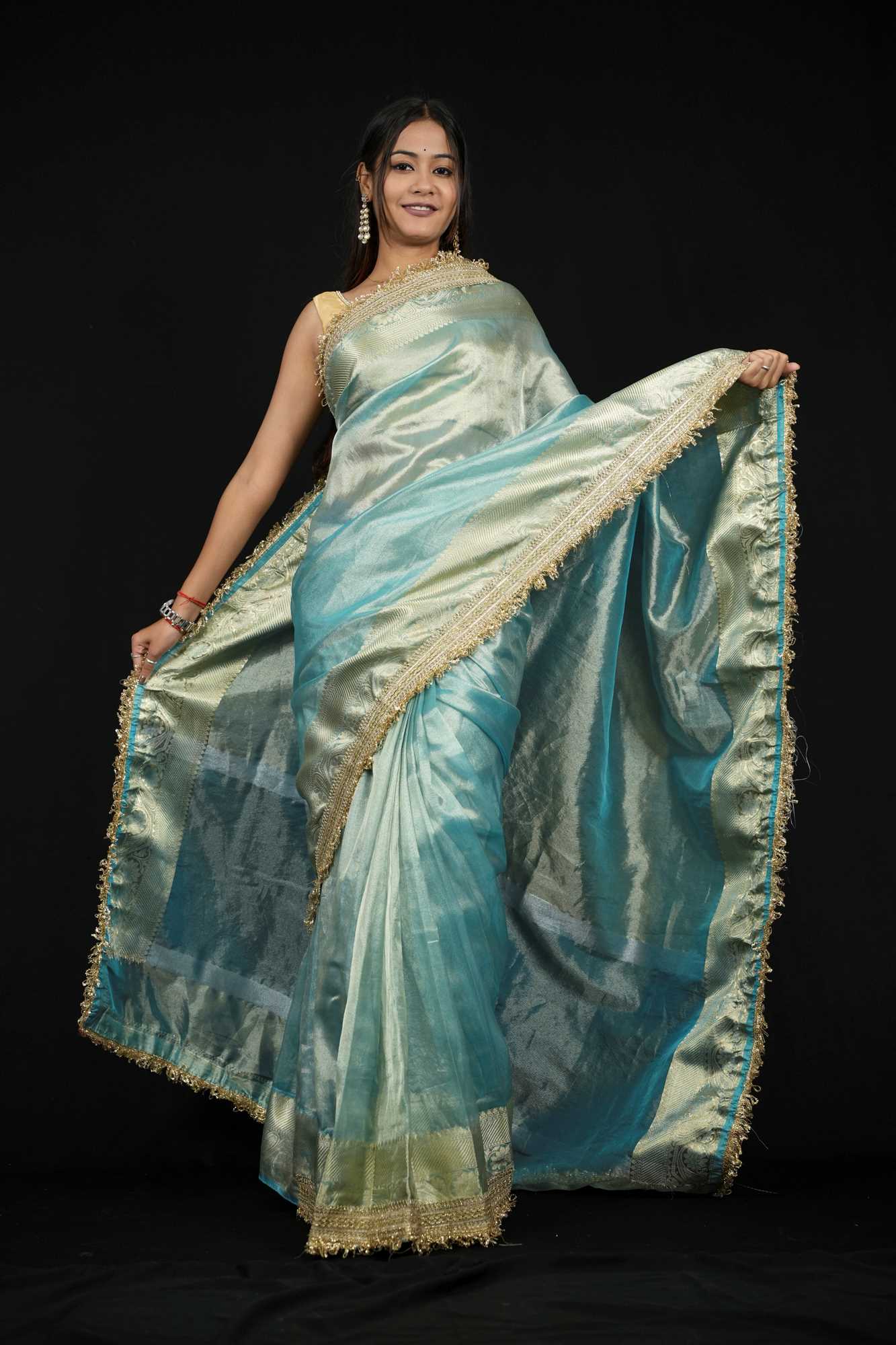 Tissue Silk Banarasi Inspired Zari Border With Lace Work Ready To Wear Saree - Image 3