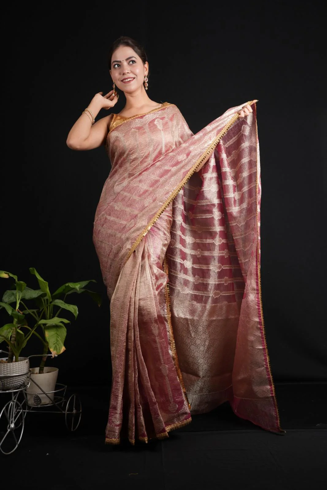 Banarsi Soft Crushed Tissue Silk  With Golden Tikili Lace & All Over Zari Woven Pre Drape Saree - Image 5