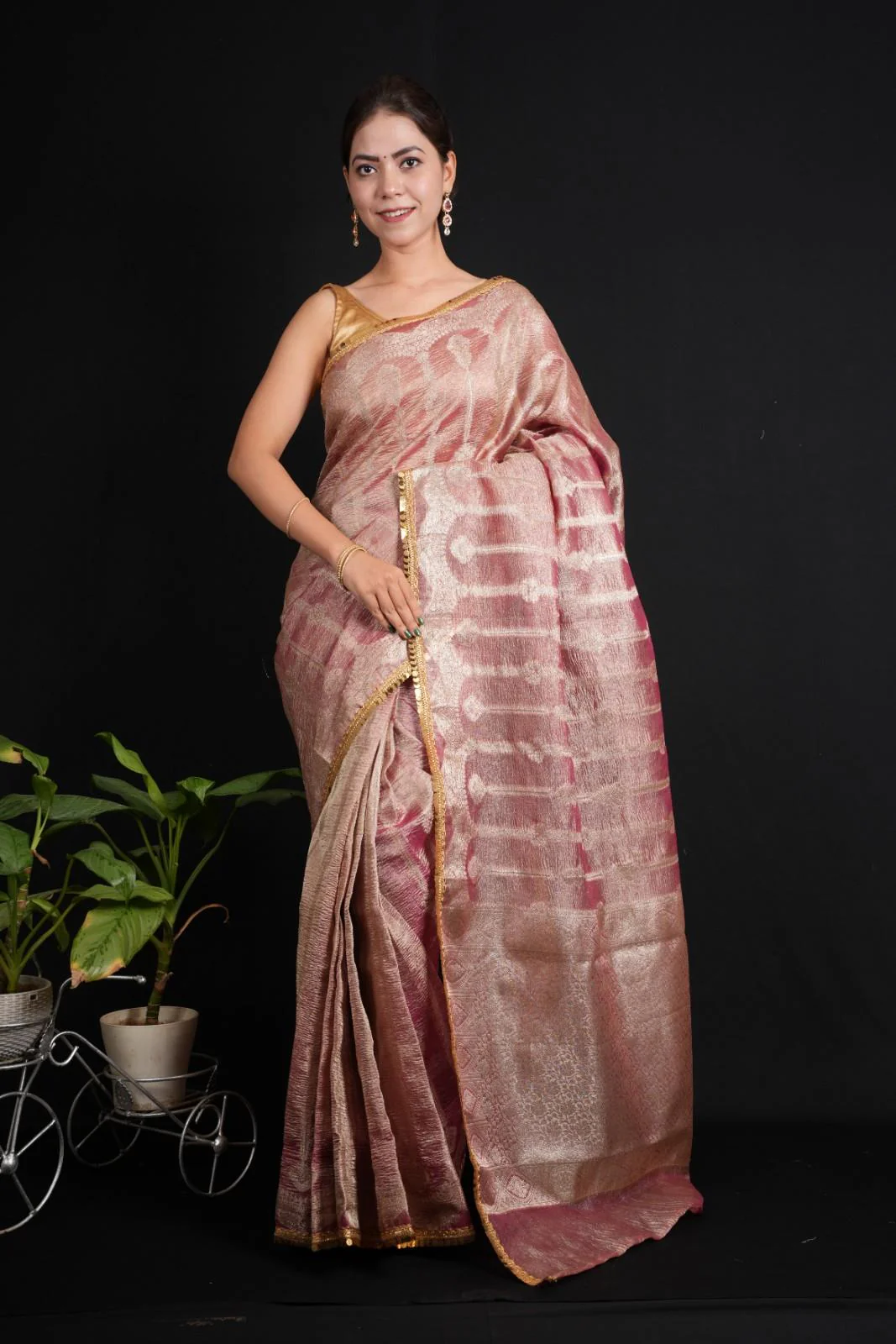 Banarsi Soft Crushed Tissue Silk  With Golden Tikili Lace & All Over Zari Woven Pre Drape Saree - Image 9