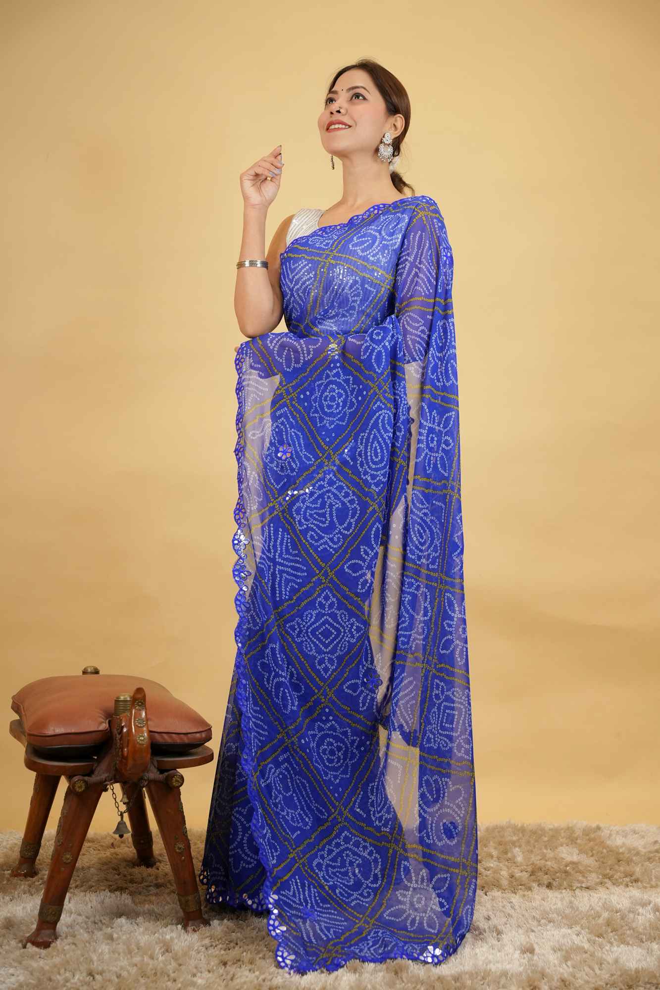 Bandhani Inspired Printed with Elegant Mirror work Border Ready to Wear Saree - Image 3