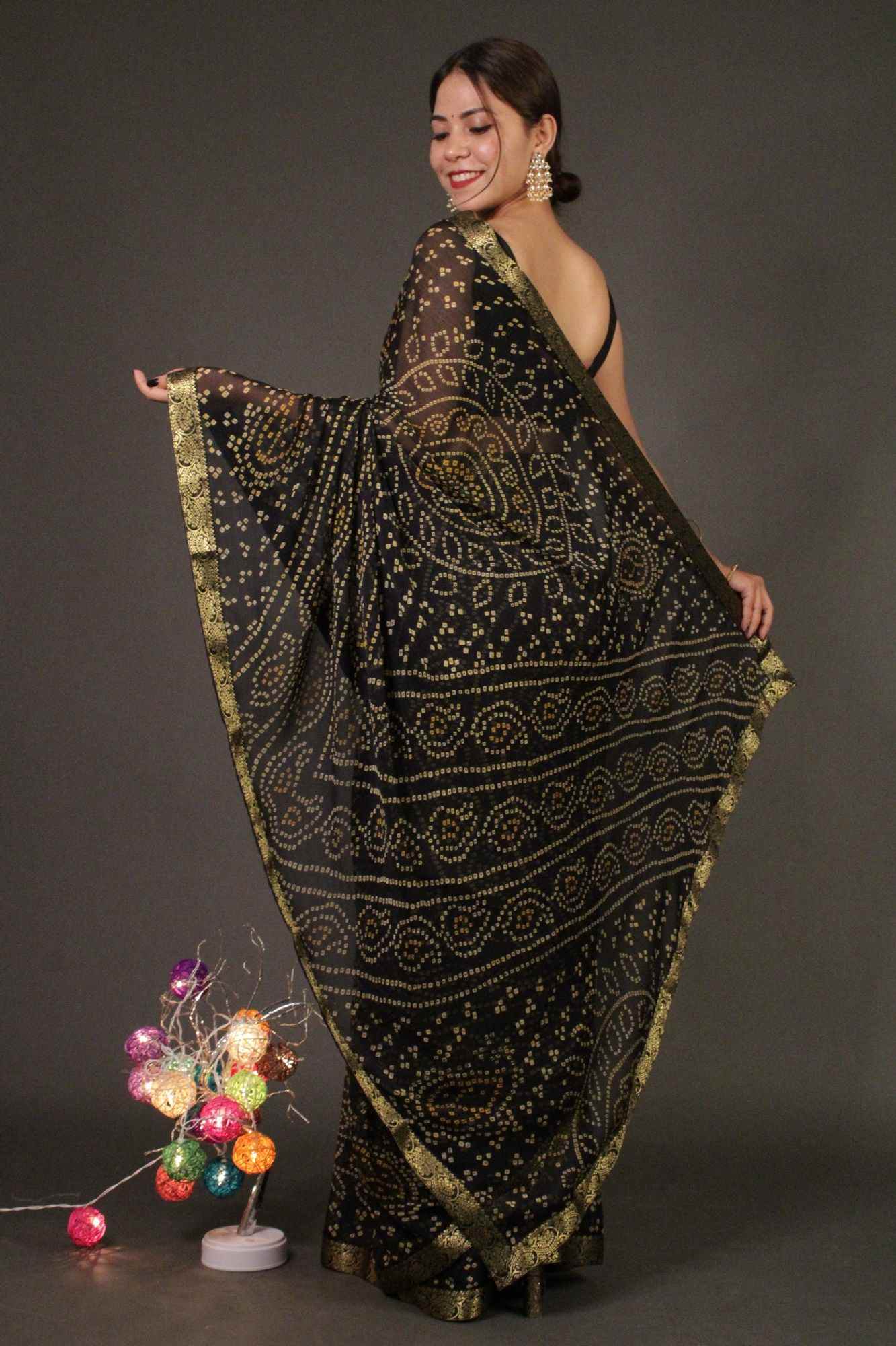 Bandhani Printed Chiffon with Lace Border Wrap in 1 minute saree - Image 3