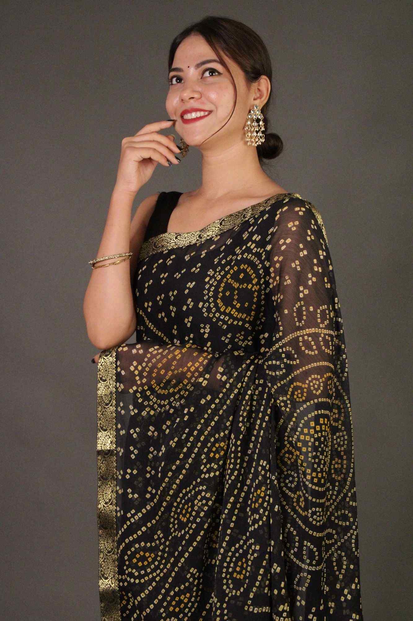 Bandhani Printed Chiffon with Lace Border Wrap in 1 minute saree - Image 4