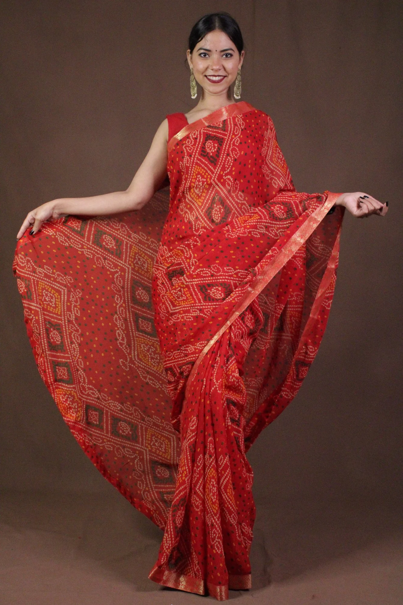 Bandhani Printed Red Georgette Wrap in 1 minute saree - Image 2