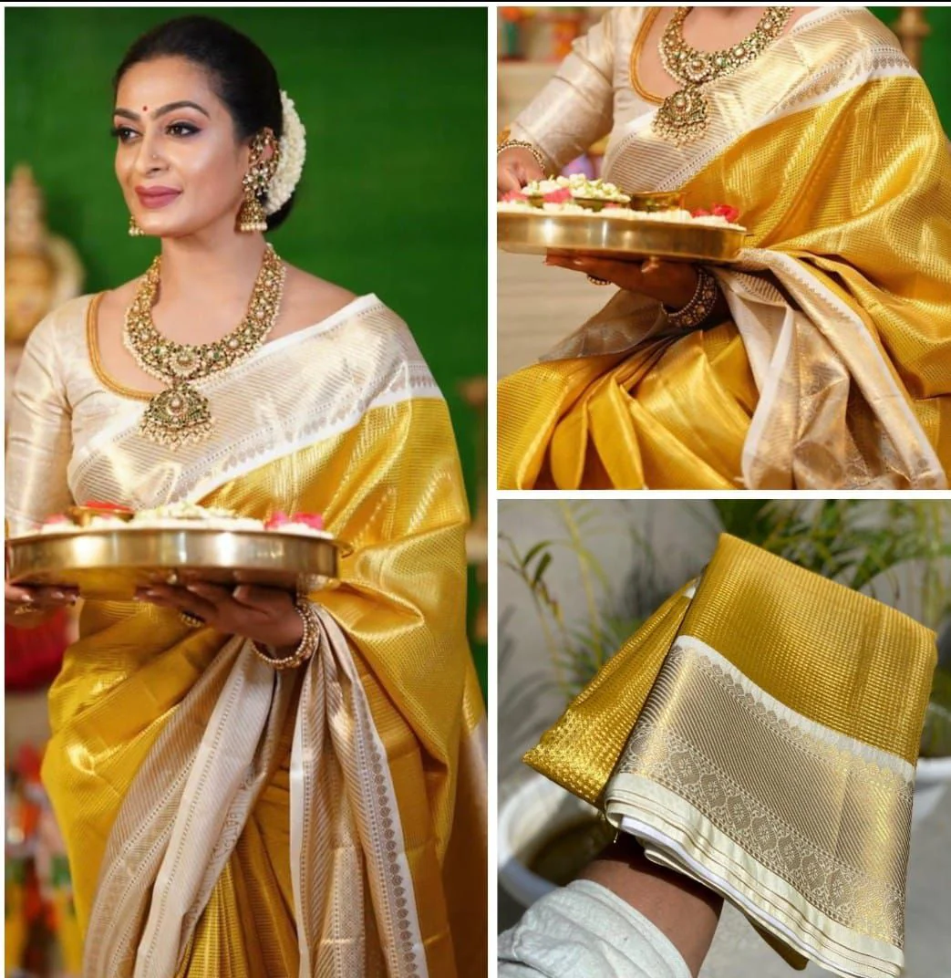 Beautiful Banarasi Tissue With Contrast Border & All over Zari Woven Prestitched Saree - Image 2