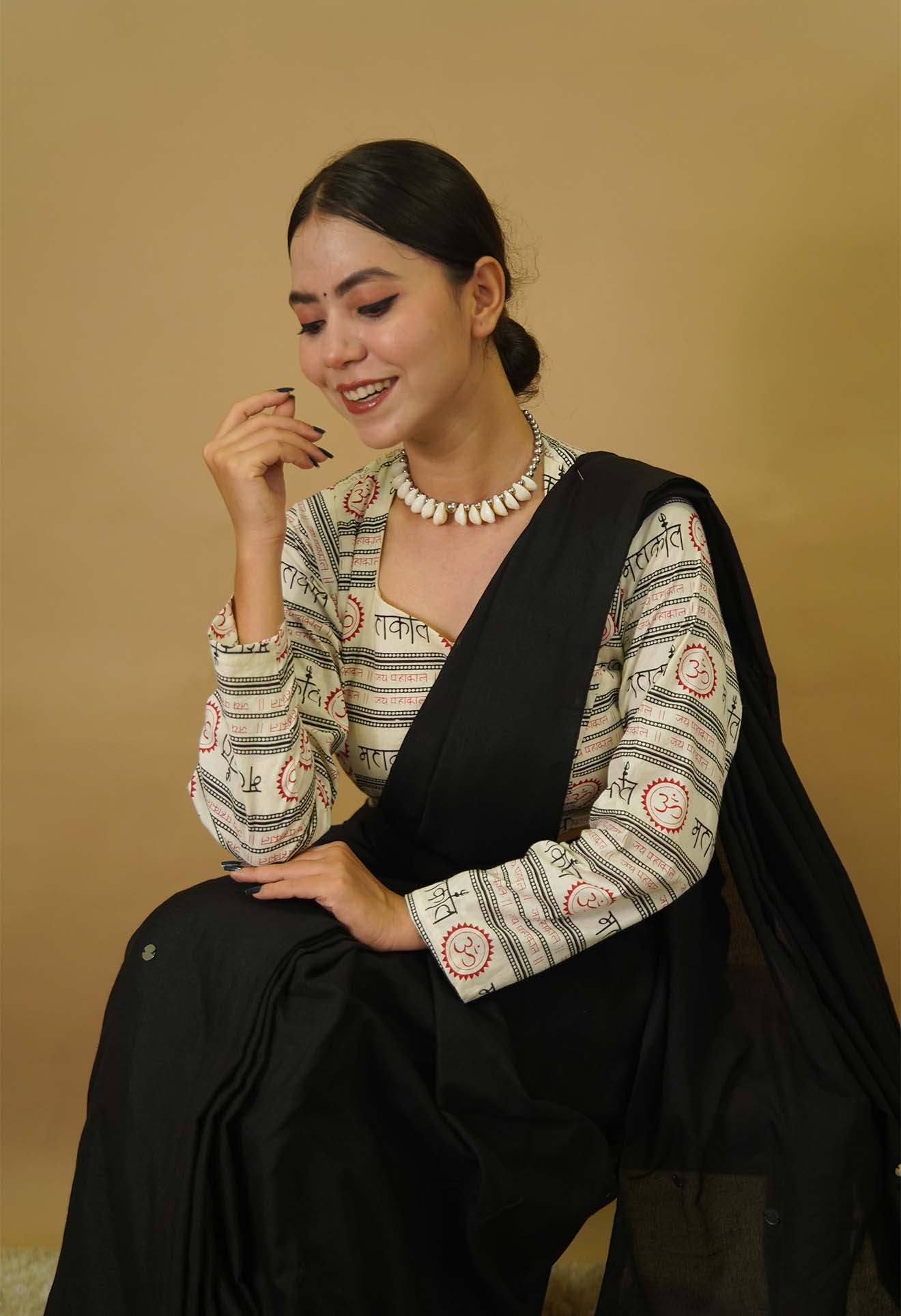 Beautiful Black Cotton With Tikki Embellished & Full Sleeve Mahakal Printed Blouse Pre stitched Saree & ready blouse - Image 10