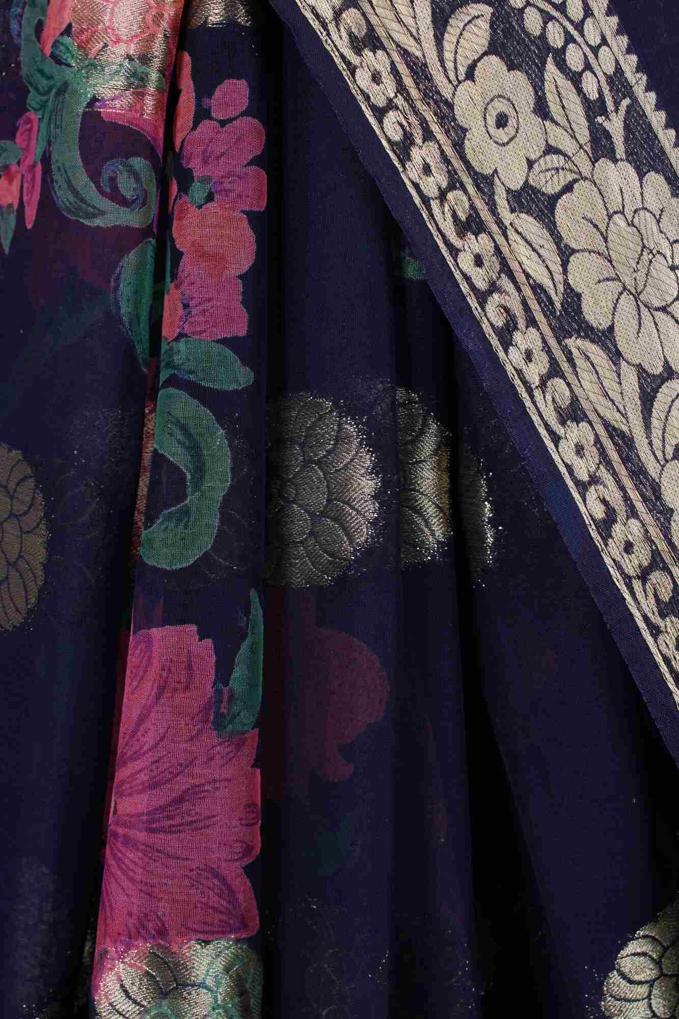 Beautiful Black Floral painted chiffon with Boota all over  one minute ready made saree - Image 10