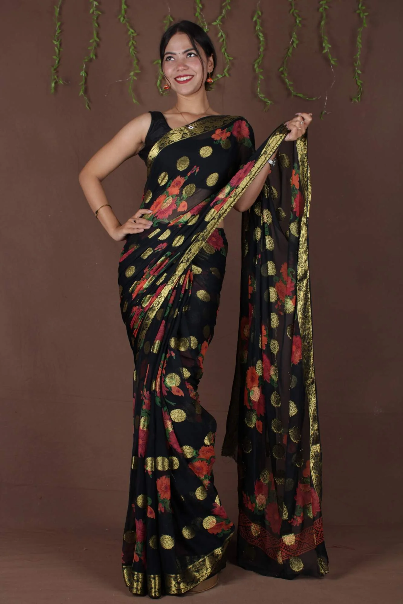 Beautiful Black Floral painted chiffon with Boota all over  one minute ready made saree - Image 11