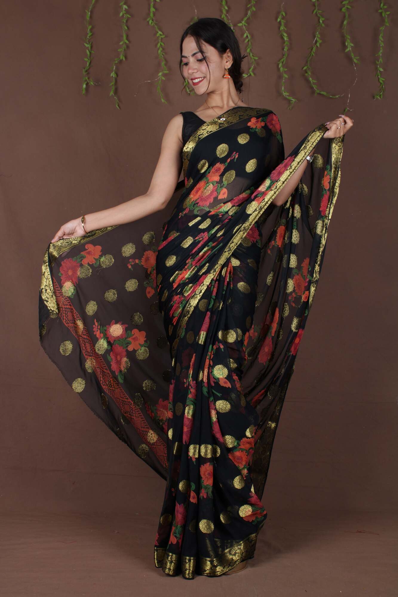 Beautiful Black Floral painted chiffon with Boota all over  one minute ready made saree - Image 12