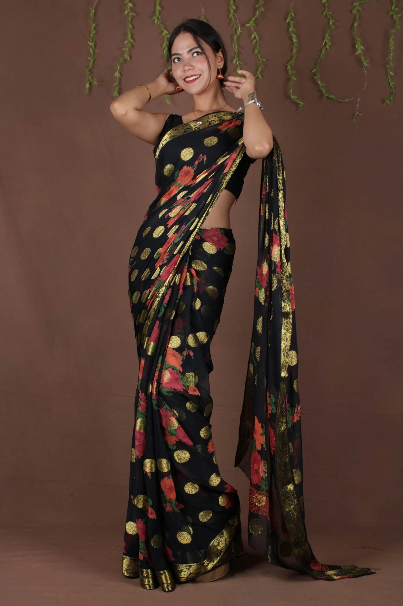 Beautiful Black Floral painted chiffon with Boota all over  one minute ready made saree - Image 13