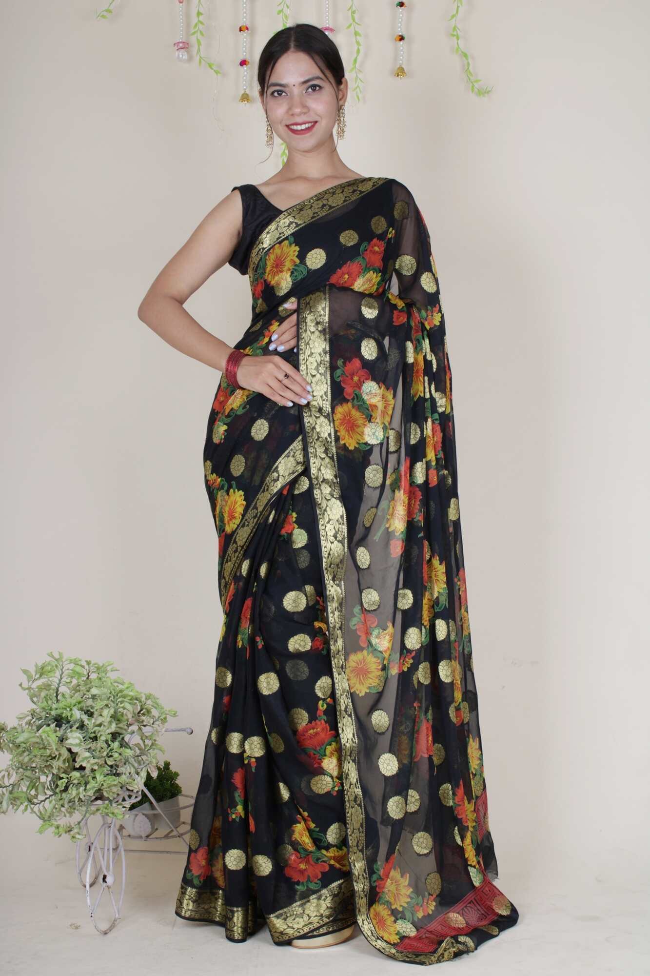 Beautiful Black Floral painted chiffon with Boota all over  one minute ready made saree - Image 5