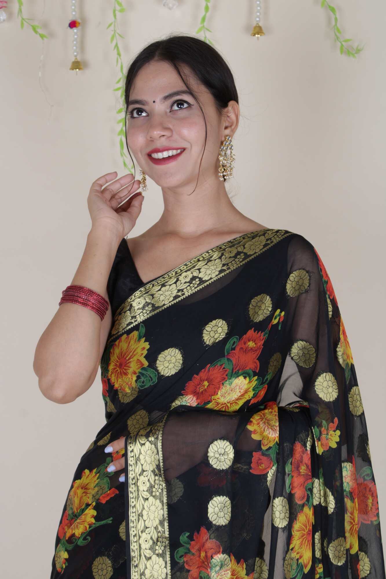 Beautiful Black Floral painted chiffon with Boota all over  one minute ready made saree - Image 6