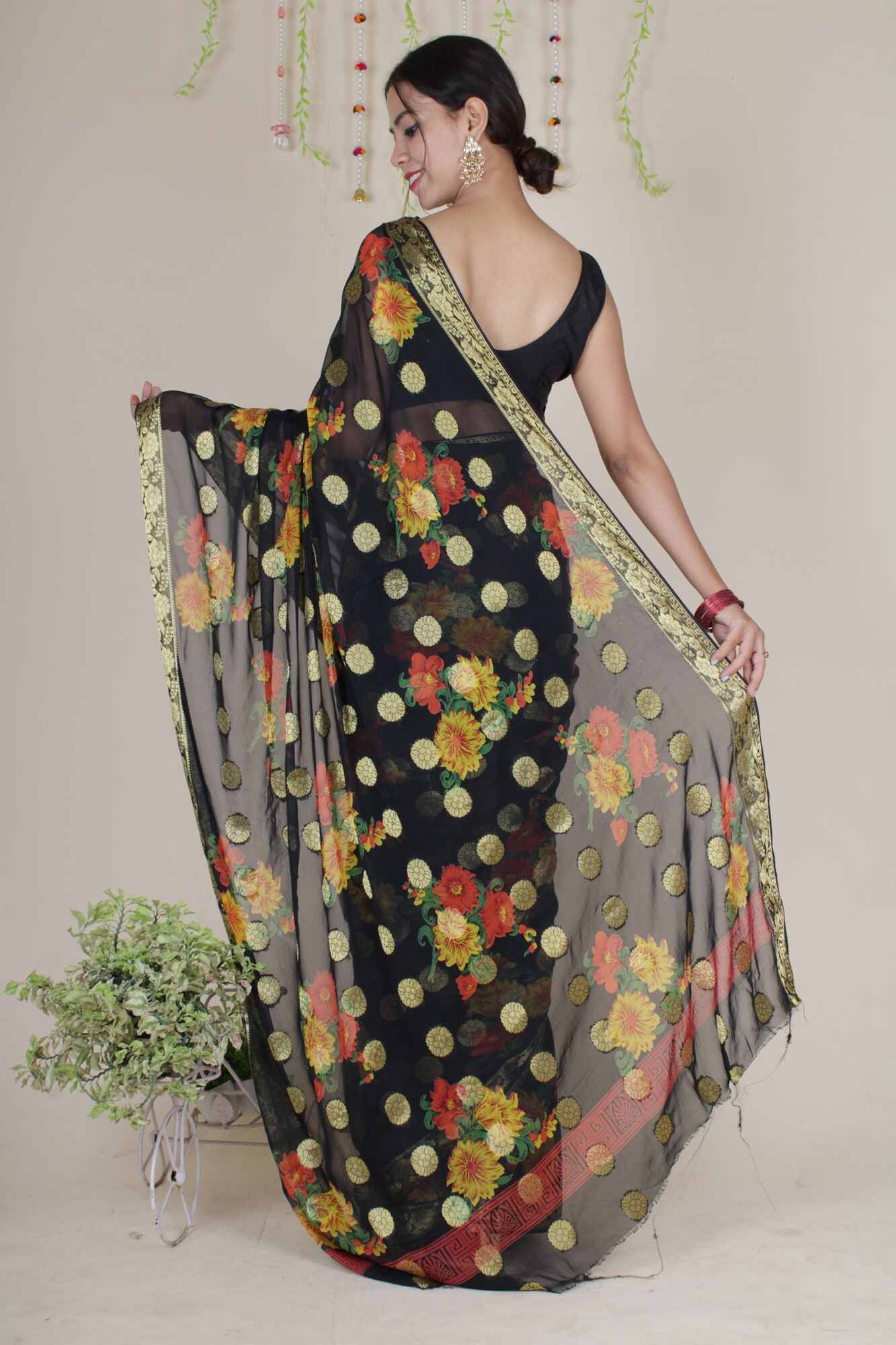 Beautiful Black Floral painted chiffon with Boota all over  one minute ready made saree - Image 8