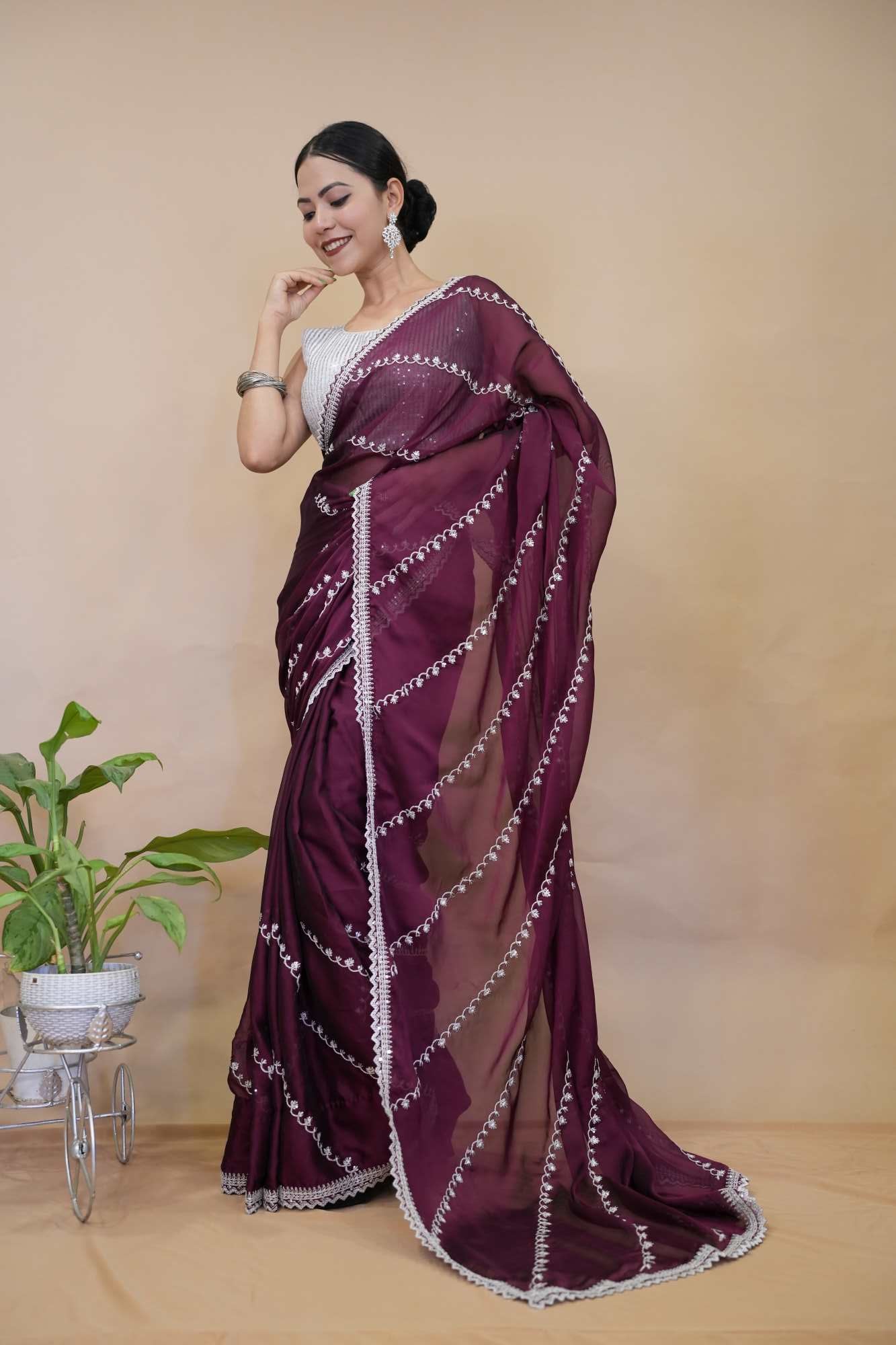 Beautiful Burgundy With White Zari Embroidery & Bordered Pre Drape Saree - Image 5