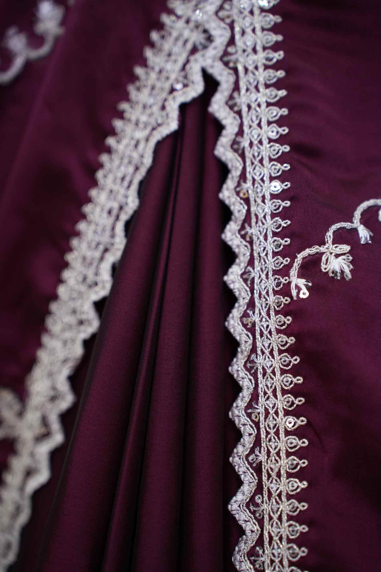 Beautiful Burgundy With White Zari Embroidery & Bordered Pre Drape Saree - Image 7