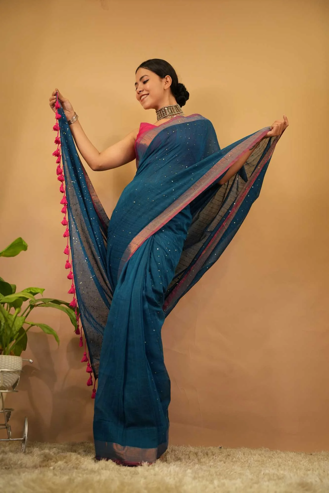 Beautiful Cobalt Blue  Party Style Mulmul Cotton With Sequin Overall & Zari Woven Border Tassel on palla Ready To Wear Saree - Image 3