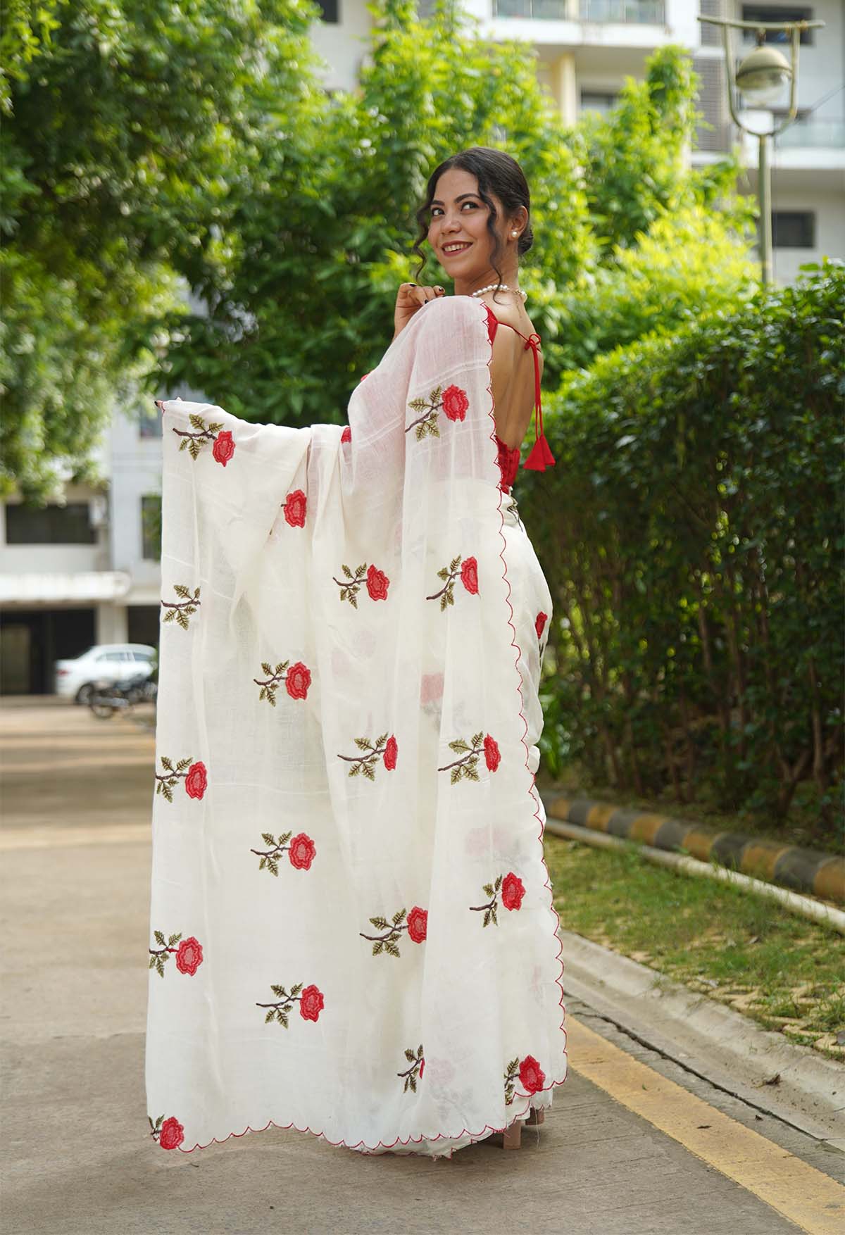 Beautiful Cotton Rose Embroidered Overall With Scalloped Bordered Pre Draped Saree - Image 3