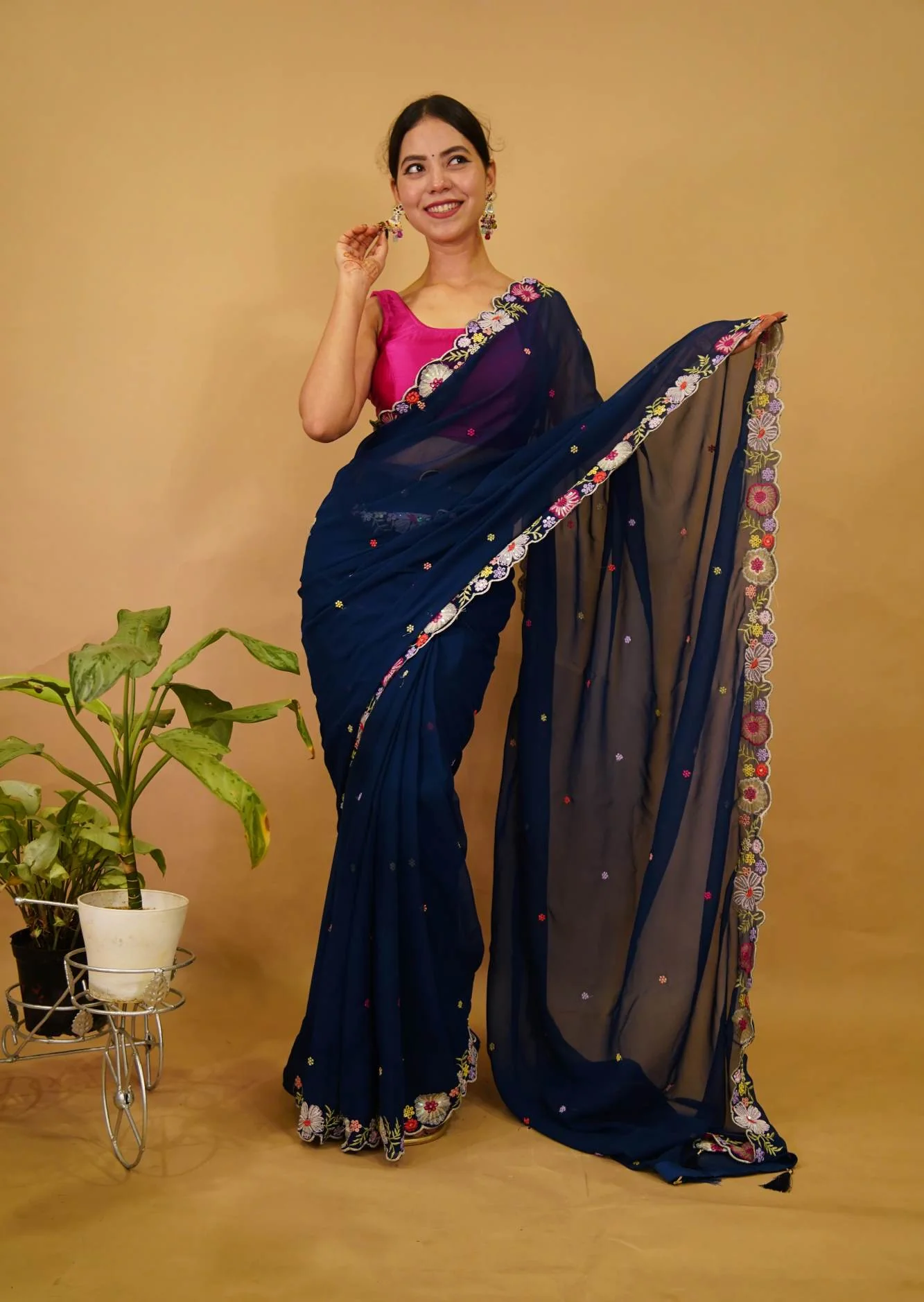 Beautiful Floral Embroidered Border And Overall Blue Saree With Sequin Ready To Wear Saree - Image 2