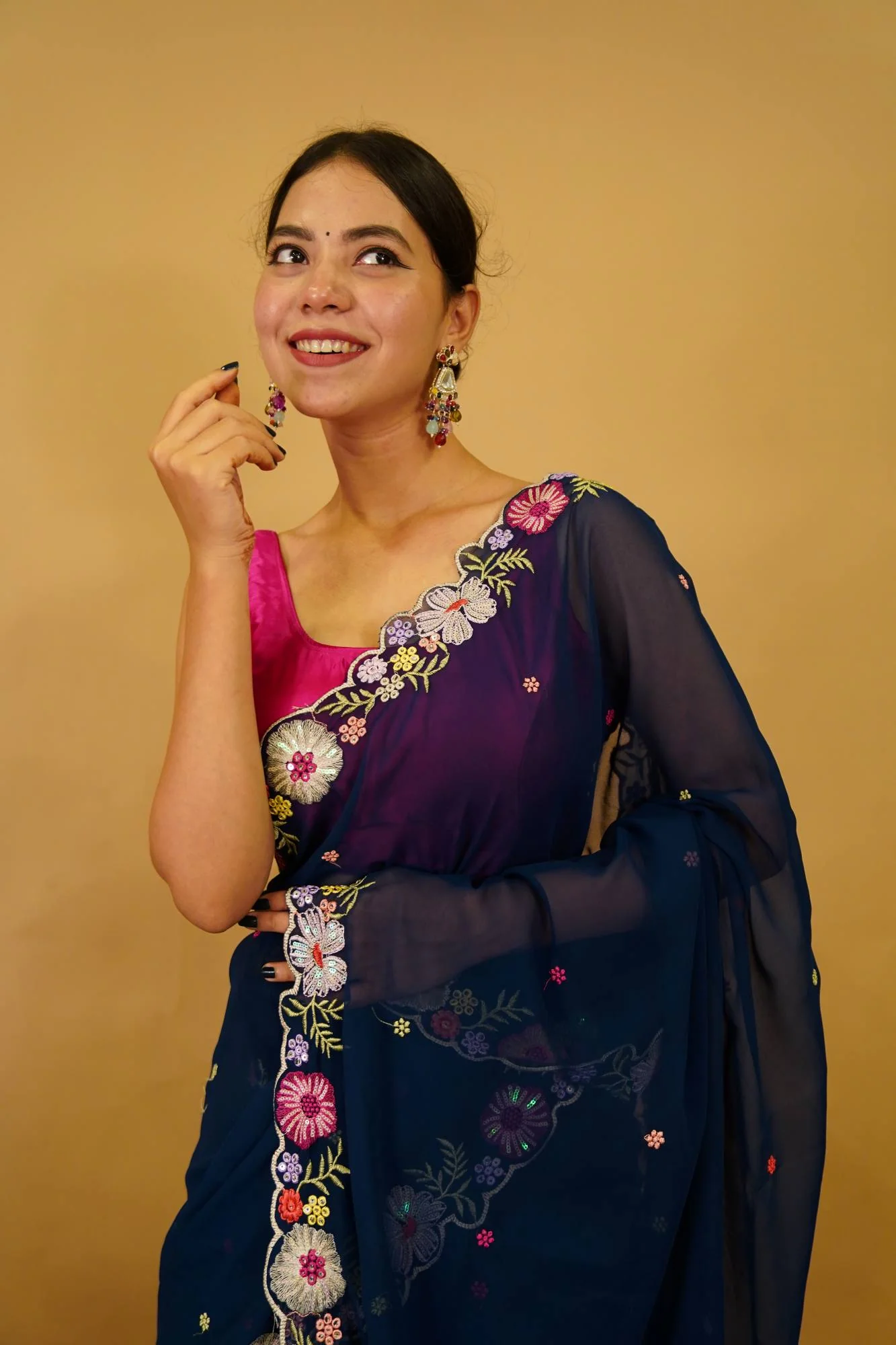 Beautiful Floral Embroidered Border And Overall Blue Saree With Sequin Ready To Wear Saree - Image 5