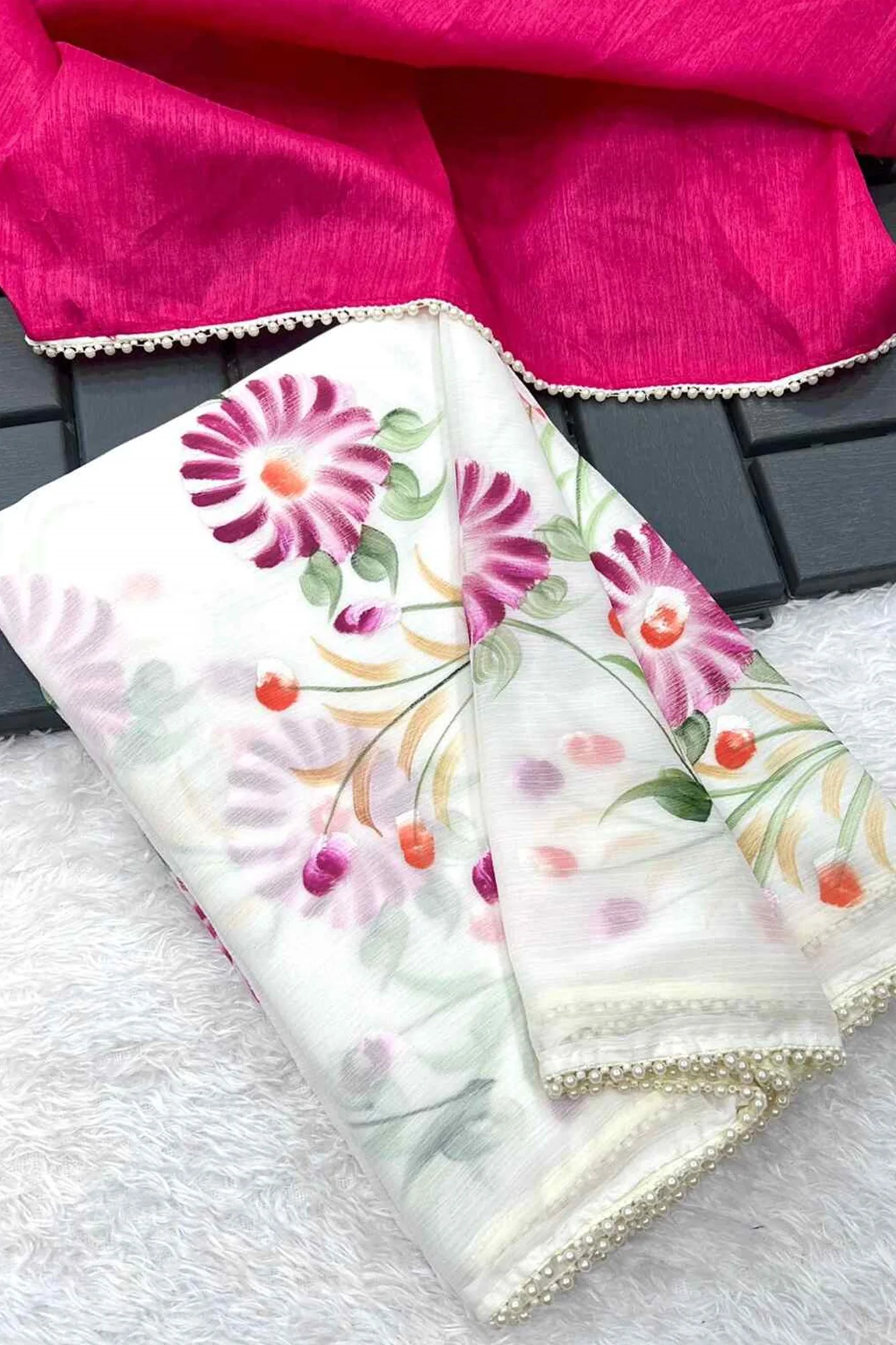 Beautiful Floral Handbrush Print  with White Moti Lace Wrap in 1 minute saree - Image 2