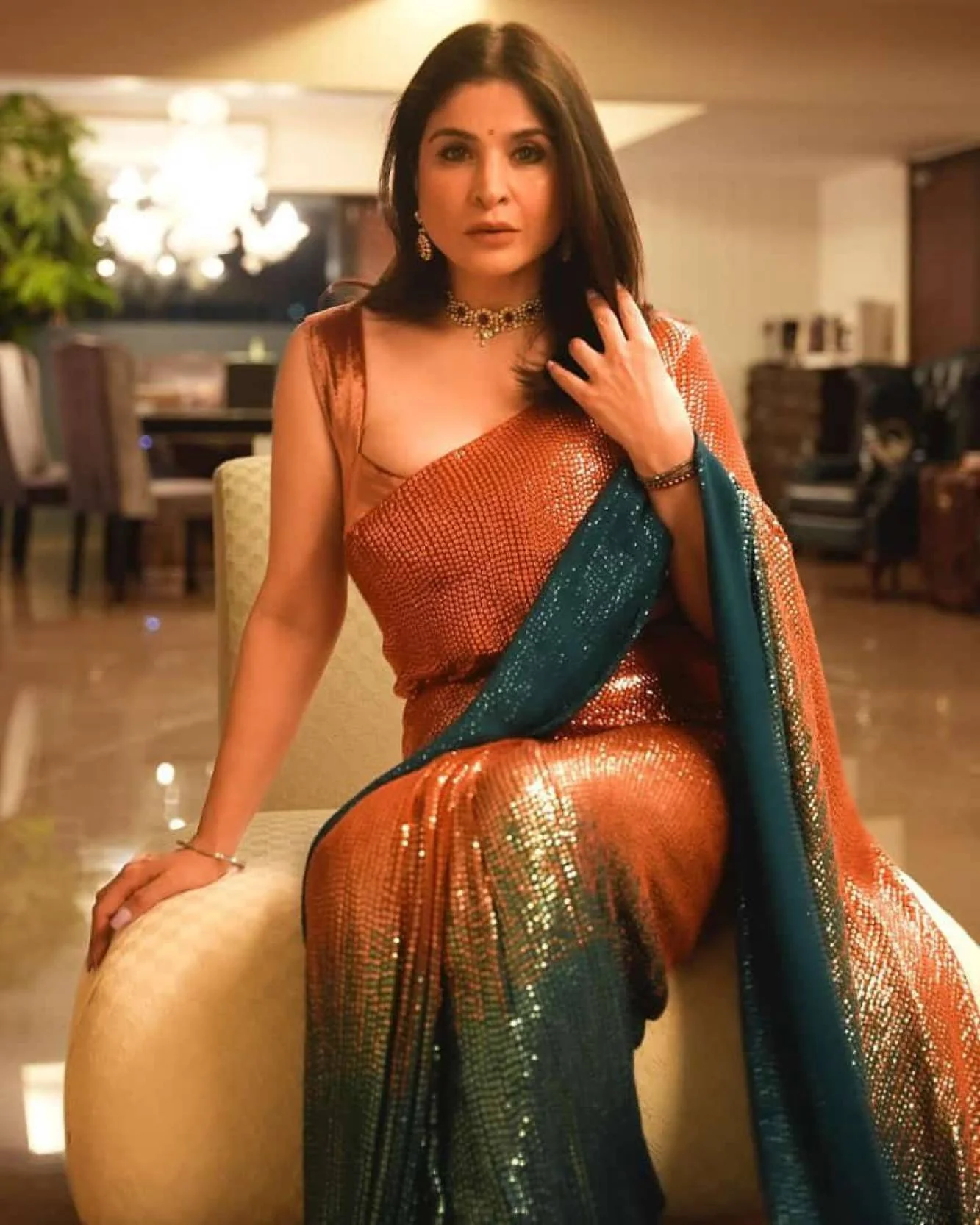Beautiful Georgette Silk with Heavy Embroidered Two Color Sequin Work Pre Drape Saree - Image 2