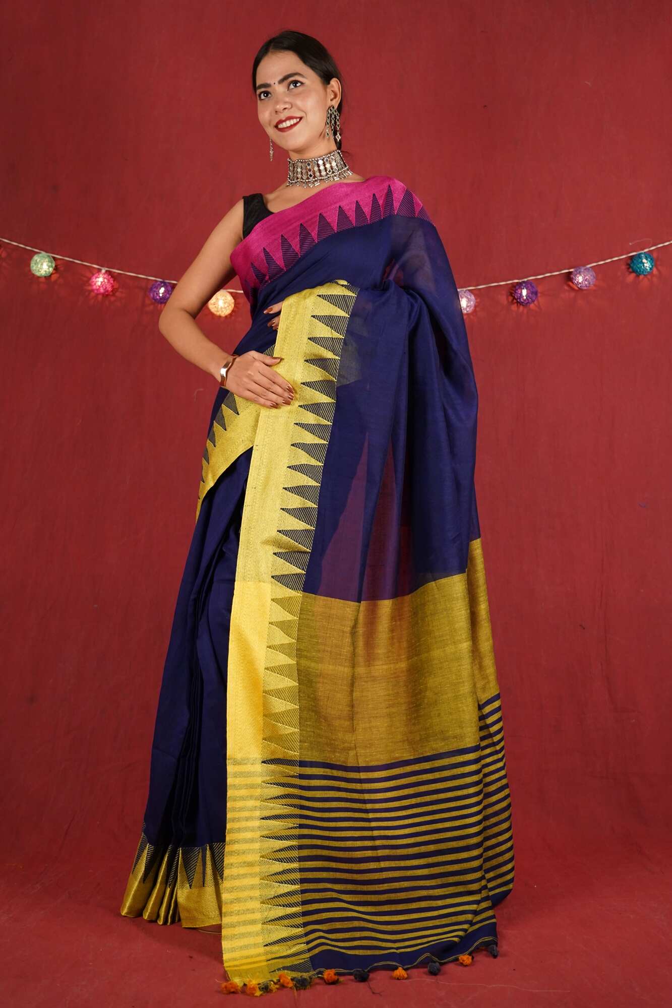 Beautiful handloom linen with temple border and sequins woven wrap in 1 minute saree - Image 4