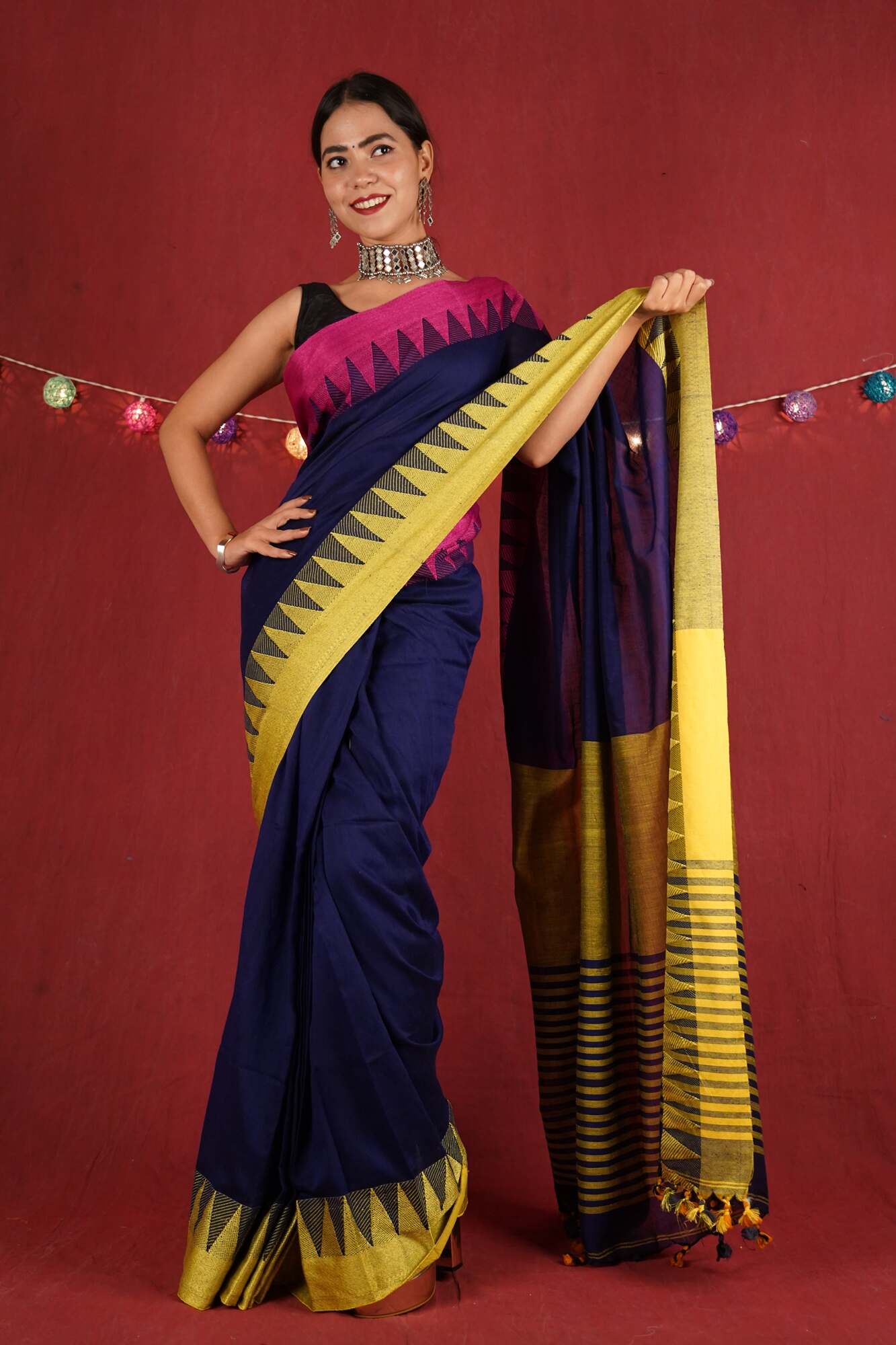 Beautiful handloom linen with temple border and sequins woven wrap in 1 minute saree - Image 5