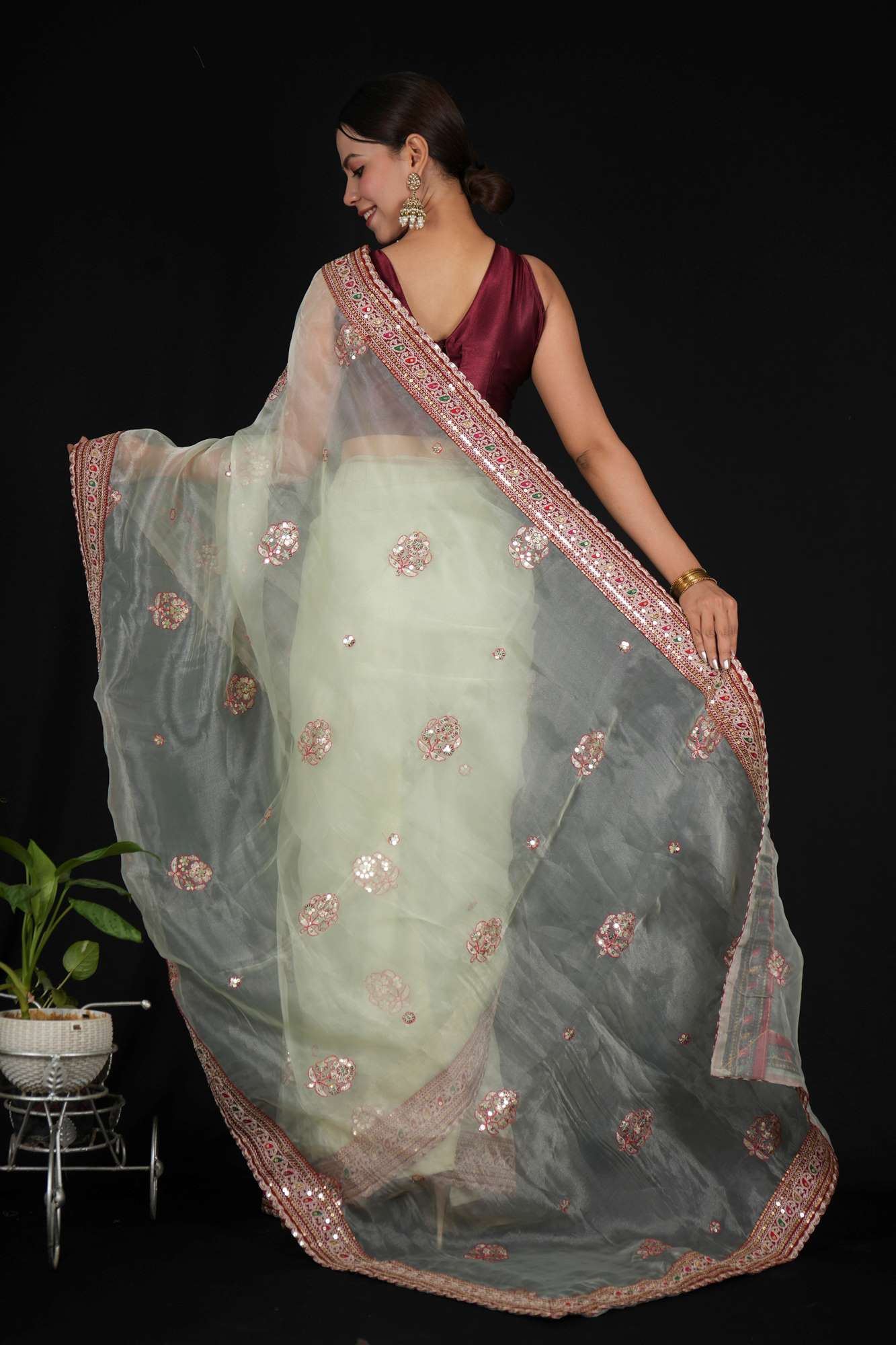 Beautiful Heavy Soft Tissue with Overall Sequence & Heavy Embroidery Zari Thread Ready to Wear Saree - Image 4