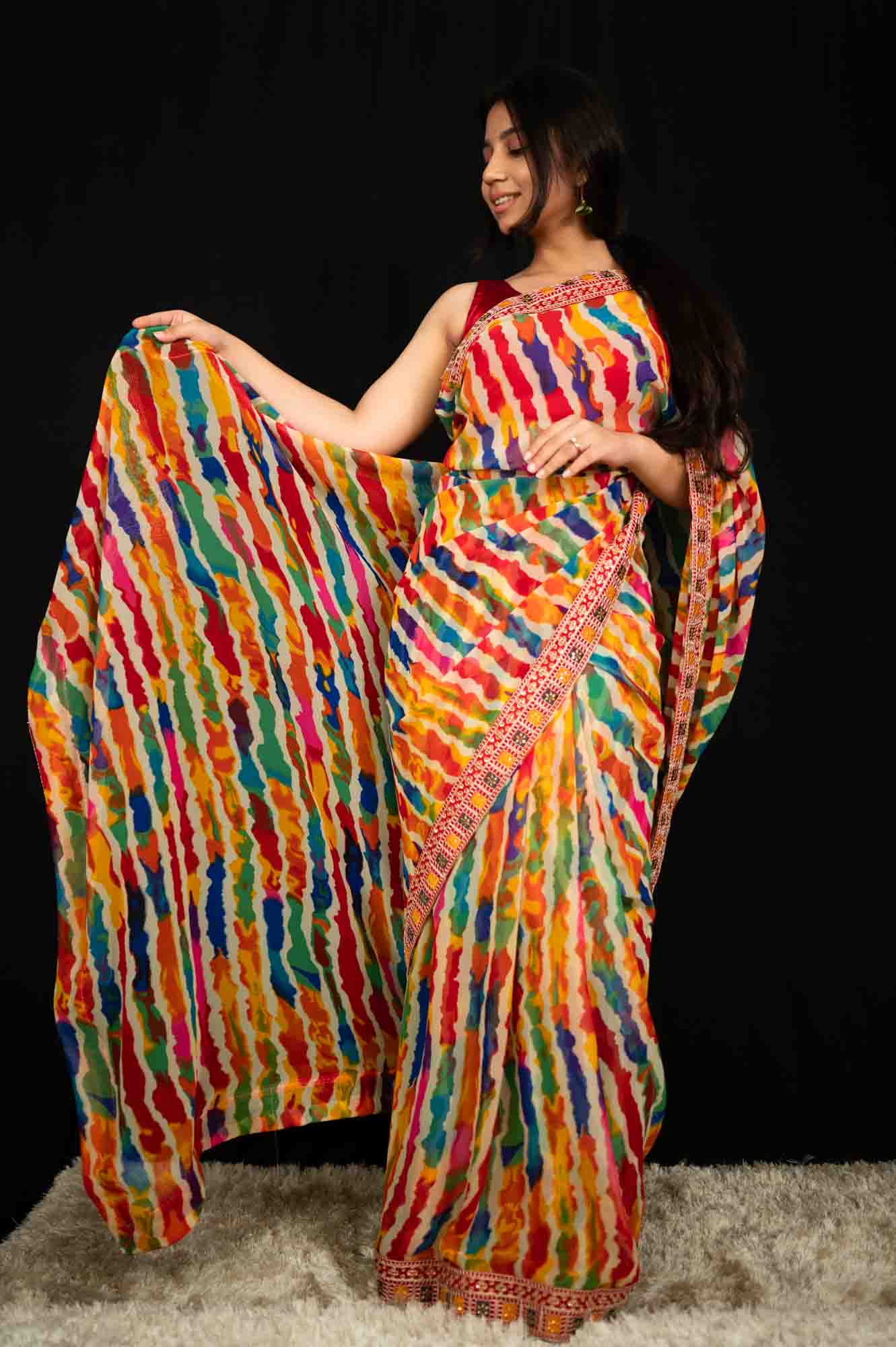 Beautiful Lehriya Soft Georgette With Heavily Zari Embroidered and Stone Embellished  & Tassels on Pallu Wrap in 1 minute saree - Image 8