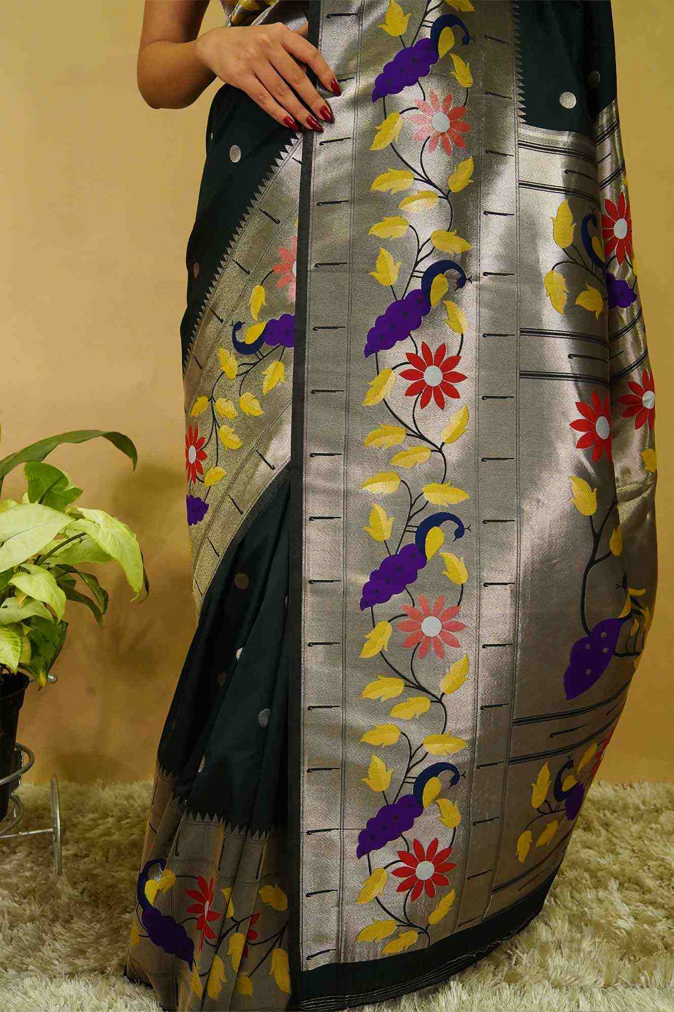 Beautiful Paithani Bottle Green With Madhubani Art Woven Bordered &  Buttis Overall Pre Draped Saree - Image 7