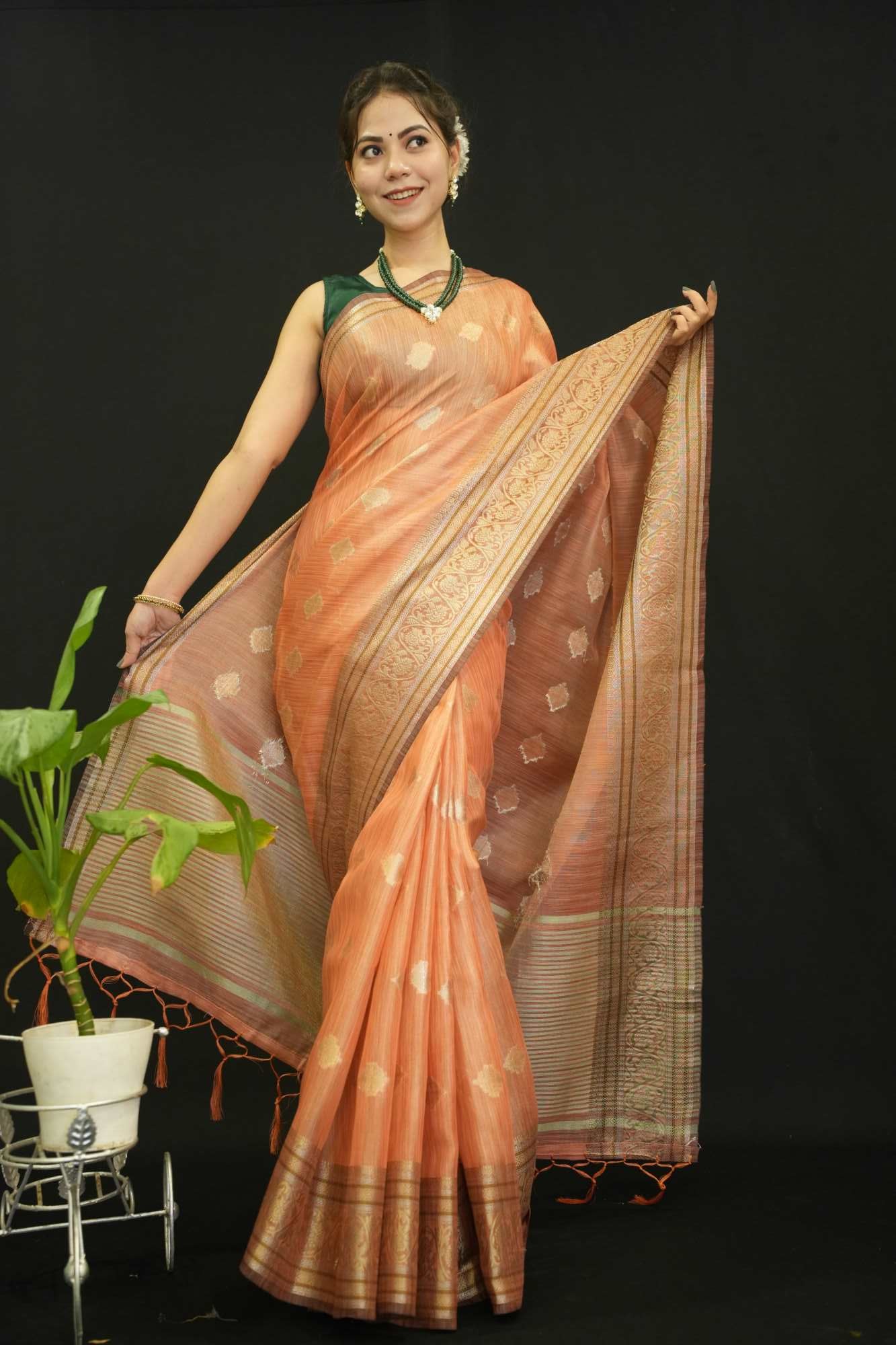 Beautiful Peach Cotton Silk With Zari Buttas Overall And Detailed  Bordered Wrap In One Minute Saree - Image 2