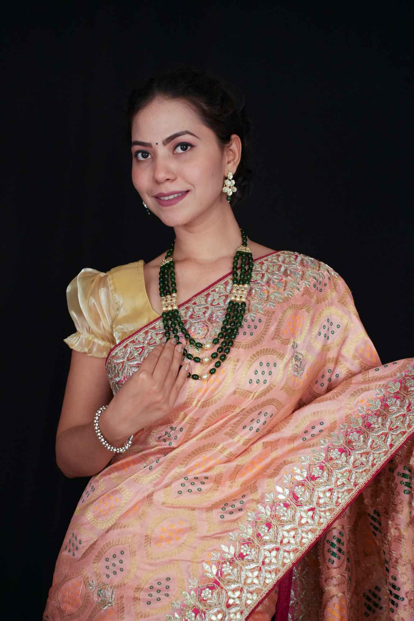 Peach Glow, Rani Palla — Bandhej Weave with Heavy Gota Patti Border - Ready to wear saree - Image 7