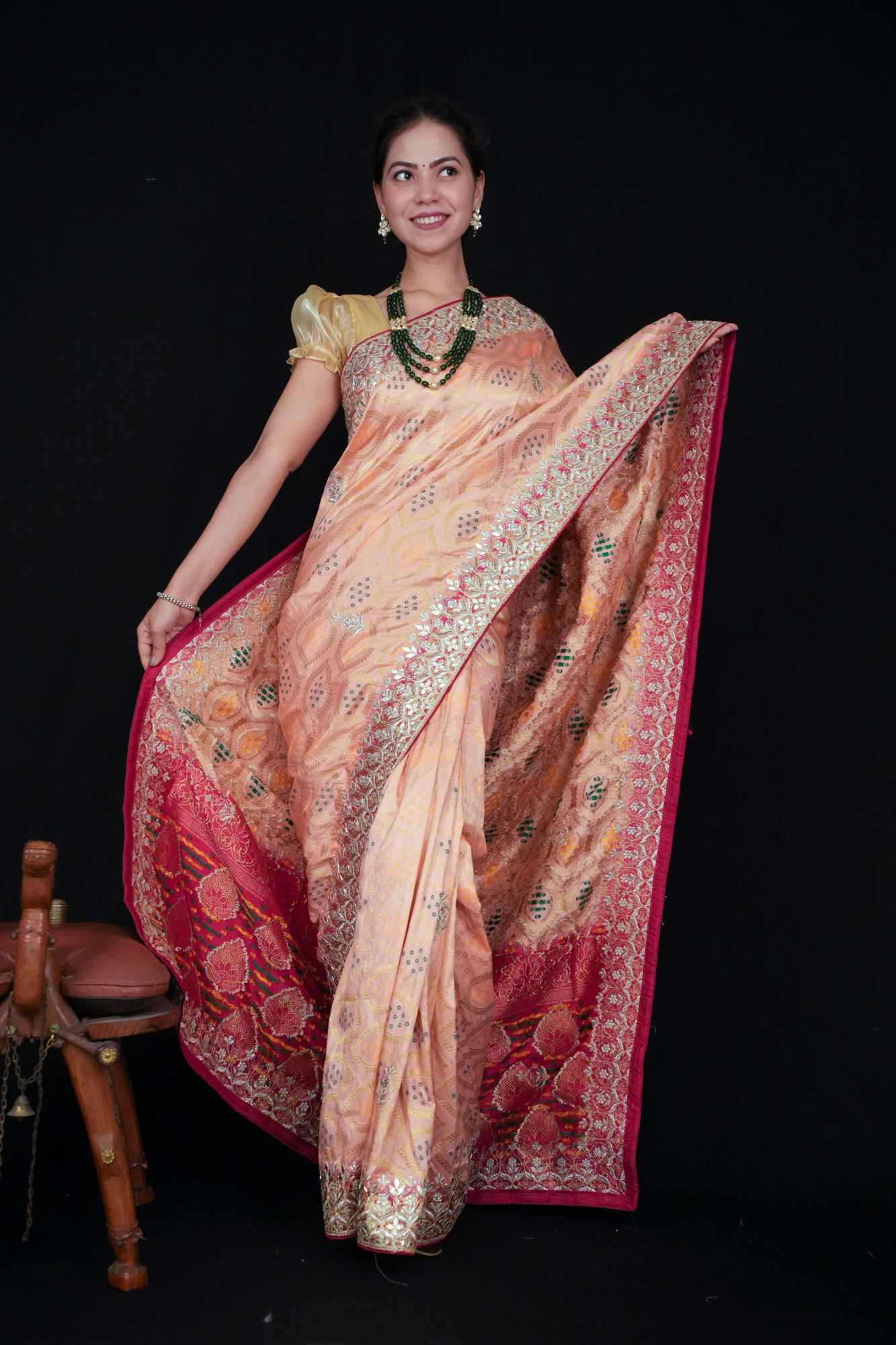 Peach Glow, Rani Palla — Bandhej Weave with Heavy Gota Patti Border - Ready to wear saree - Image 8