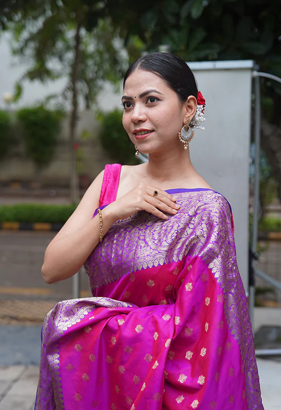 Beautiful Pink Banarasi Silk With Purple Zari  Broad Border Zari Butta Overall  Wrap in 1 minute saree - Image 3