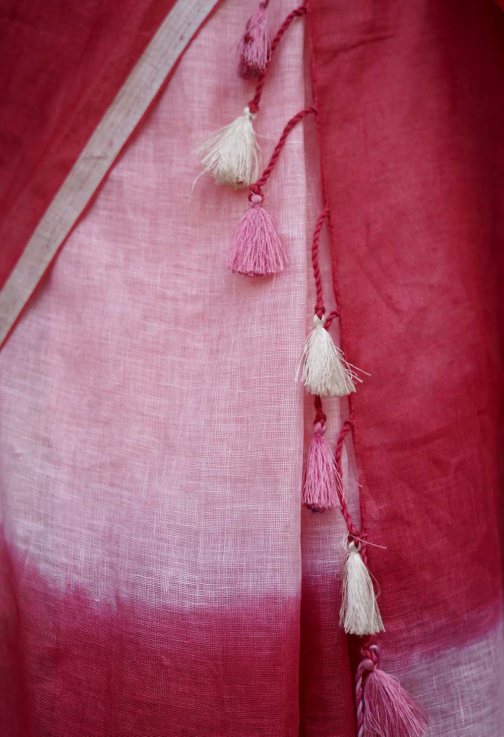 Beautiful Pink Handwoven Linen Handloom Intricate Combination of  Hand embroidered Ready To Wear Saree - Image 10