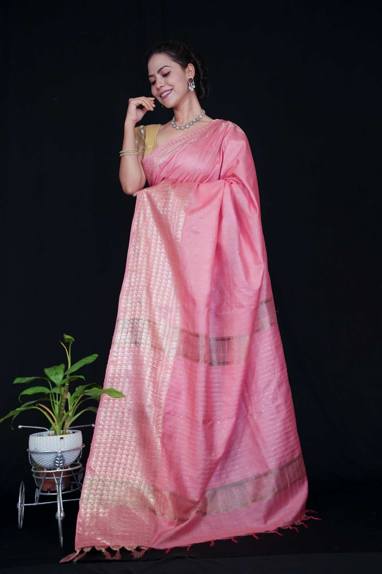 Beautiful Pink Kota Silk With Doby Zari Border Ready To Wear Saree - Image 2