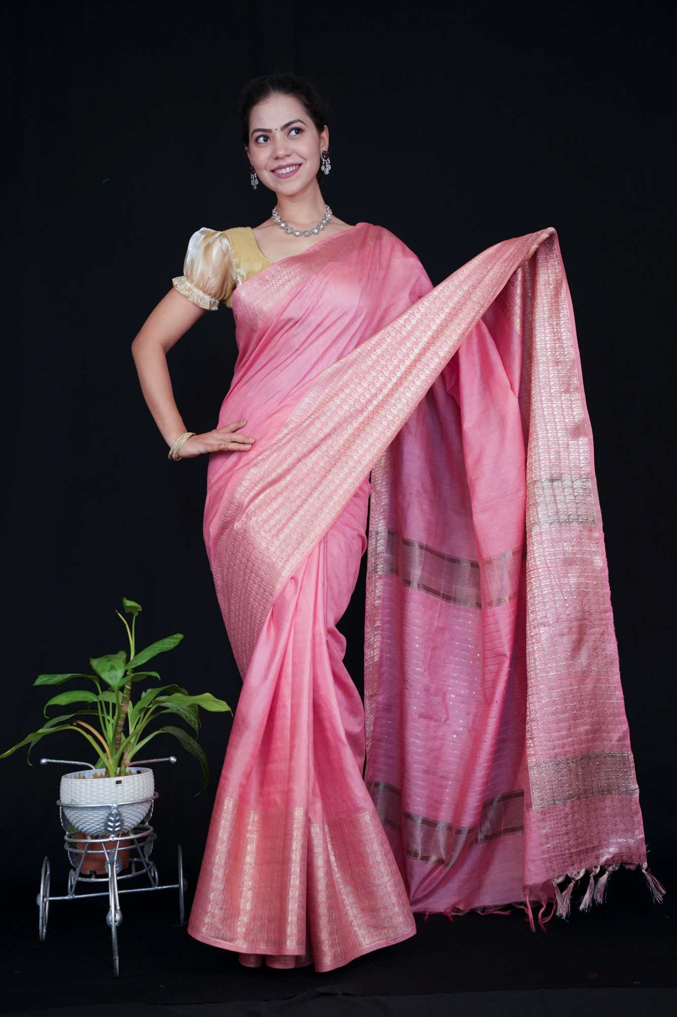 Beautiful Pink Kota Silk With Doby Zari Border Ready To Wear Saree - Image 3
