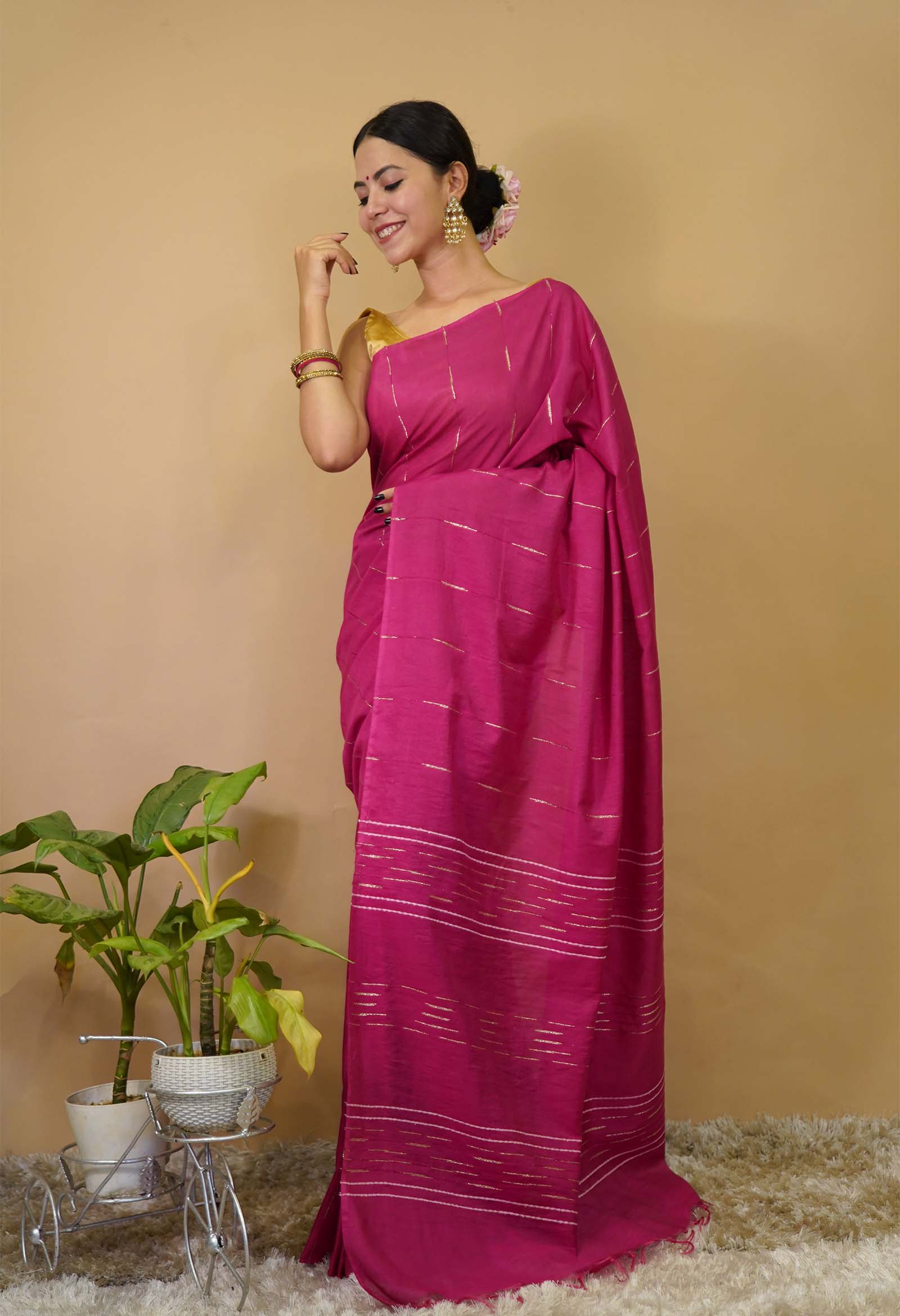 Beautiful Pink Kota Silk With Thread Weave With Tassel Pallu Wrap in 1 minute saree - Image 3