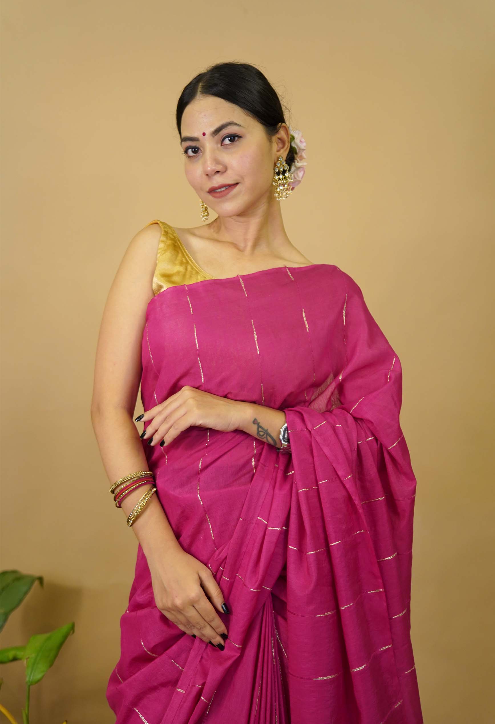 Beautiful Pink Kota Silk With Thread Weave With Tassel Pallu Wrap in 1 minute saree - Image 8