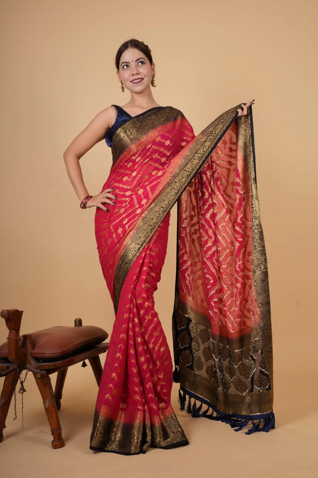 Beautiful Pink Zari Woven Overall Banarasi Georgette Silk With Contrast Border And Ornate Palla Ready To Wear Saree - Image 3