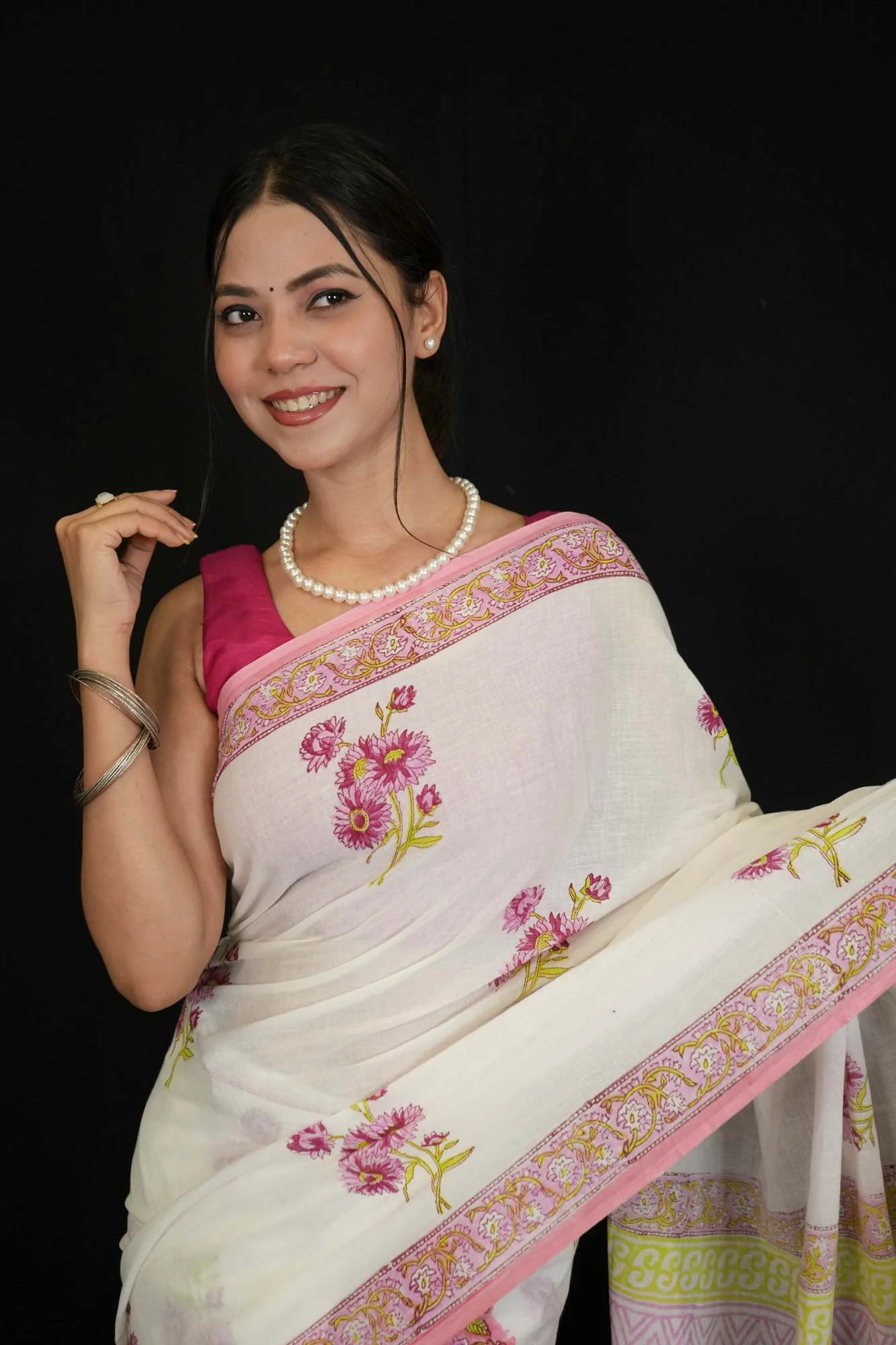 Pure Mulmul cotton with All Over vegetable dye Hand Block Printed Ready To Wear Saree - Image 6