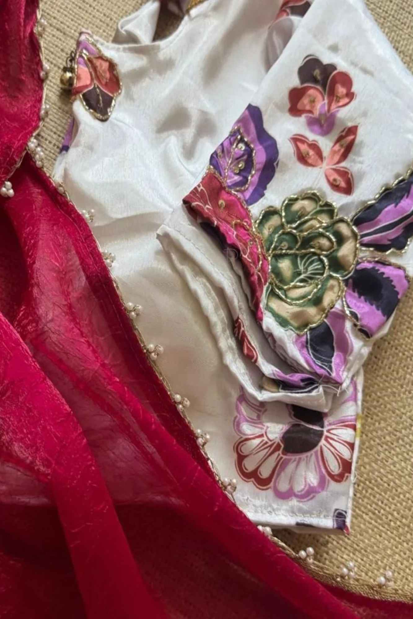 Beautiful Red Silk Crush Saree with Lace Trimmed Border & Full Stitched Kalamkari Print Handwork Blouse Wrap in 1 Minute Saree - Image 19