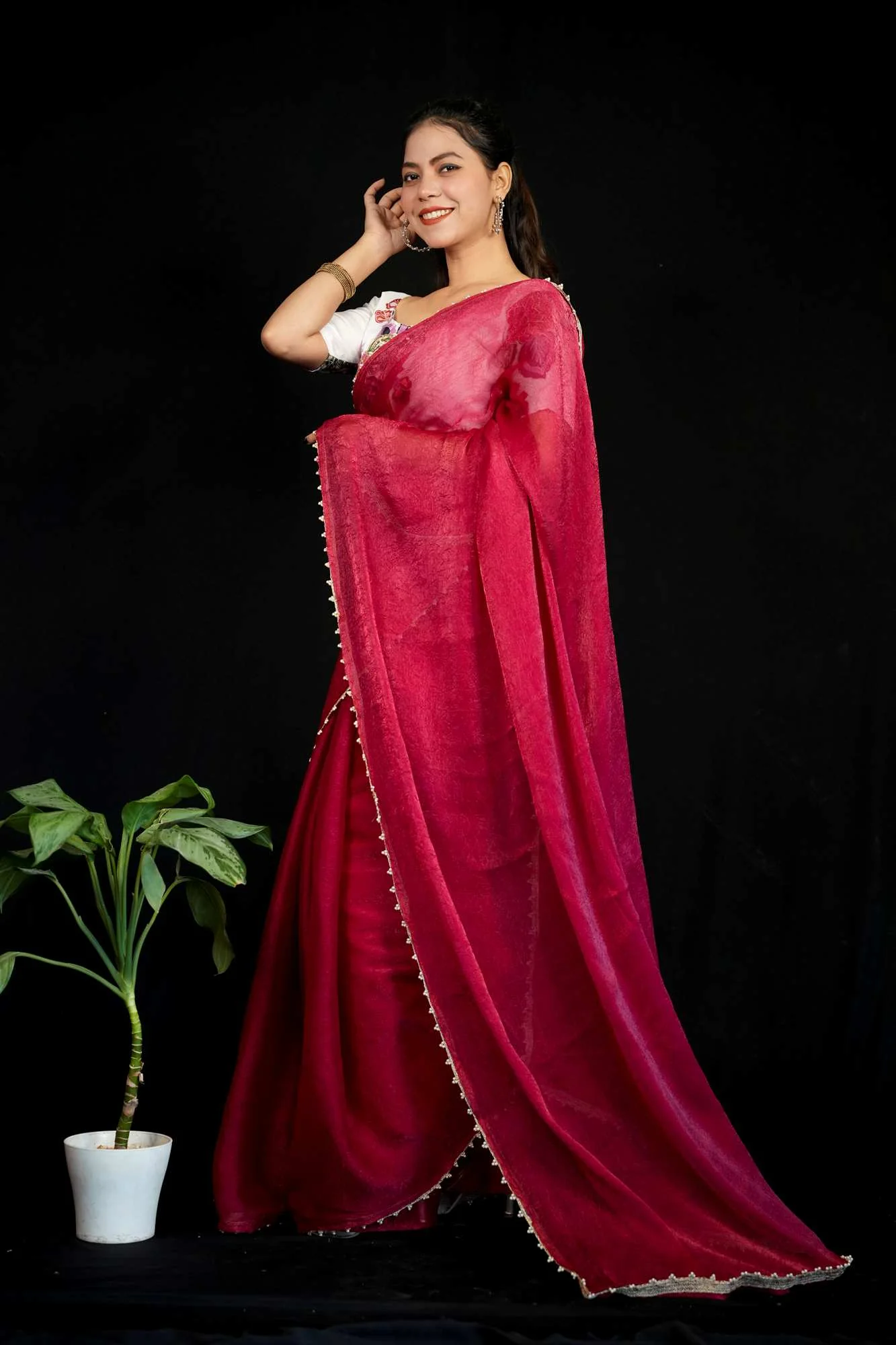 Beautiful Red Silk Crush Saree with Lace Trimmed Border & Full Stitched Kalamkari Print Handwork Blouse Wrap in 1 Minute Saree - Image 9